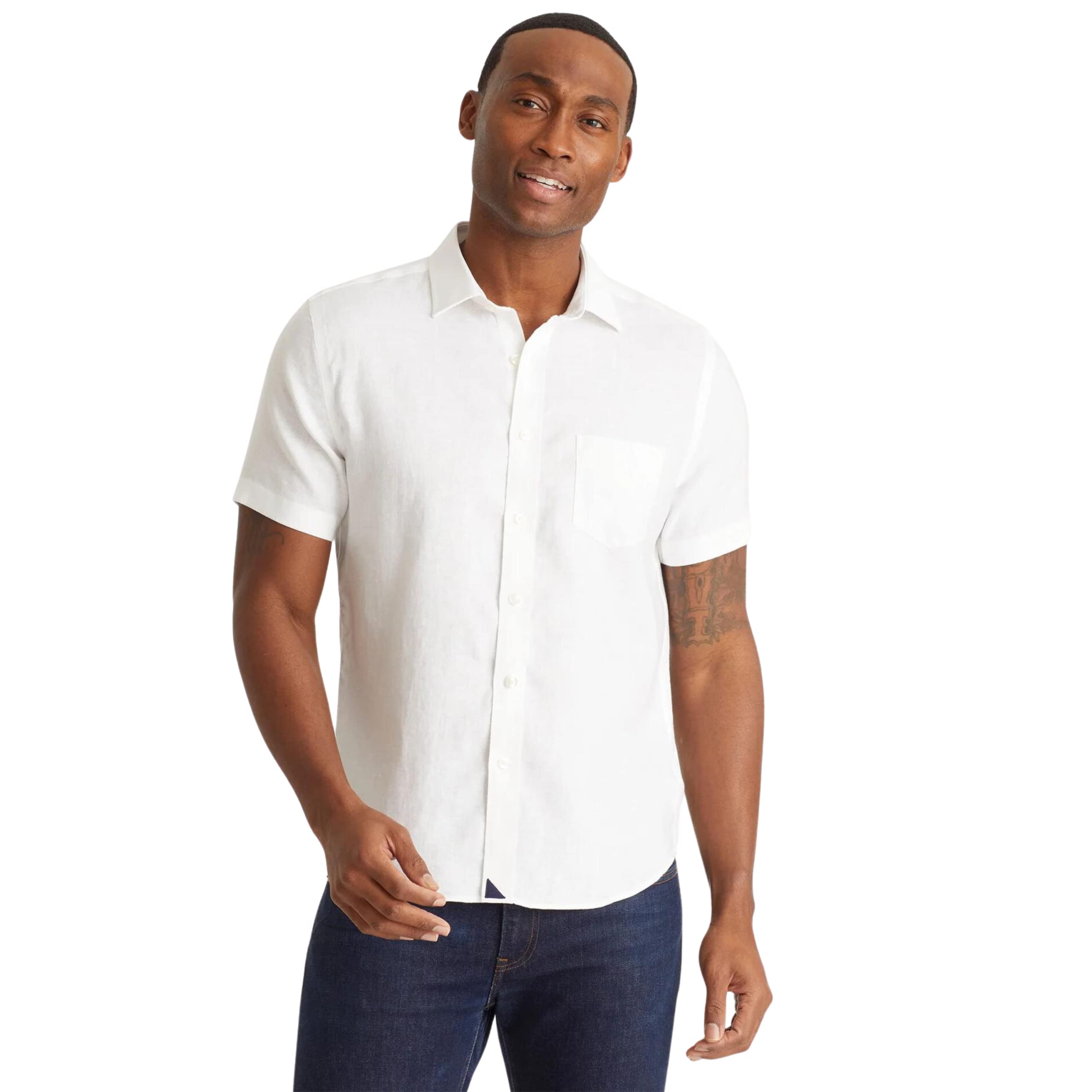 UNTUCKit Cameron Men's Short Sleeve Linen Shirt - Wrinkle-Resistant, White, Regular Fit Casual Button Down for Summer & Travel