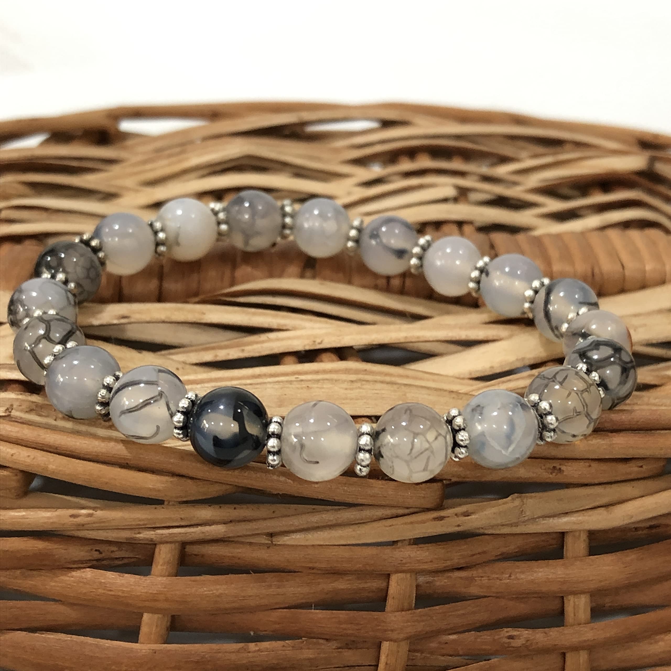 AAA Natural Dragon Vein Agate 8mm Round Beaded Stretch Bracelet - Chakra Healing Stone Elastic Wristband for Anxiety Relief, Handmade Yoga Meditation Jewelry Gift for Women (Perfect for Spiritual Healing & Stress Relief)
