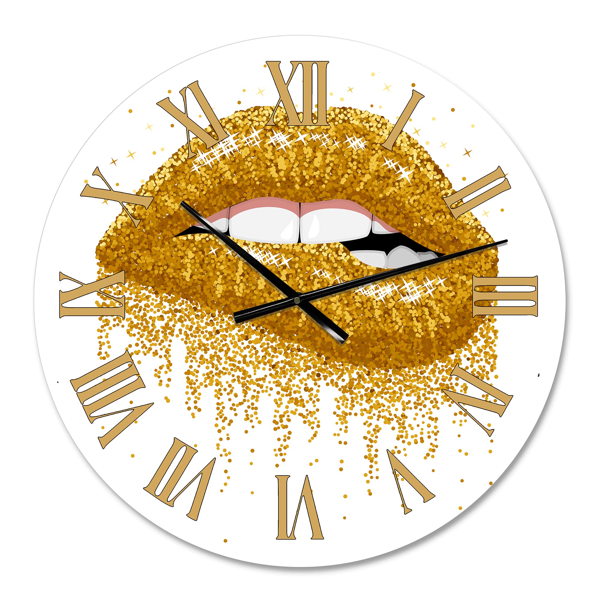 DesignQ Modern Wall Clock - Elegant Woman Lips with Glitter Gold Sparkles, Large Decorative Clock for Bedroom, Living Room & Office Wall Decor