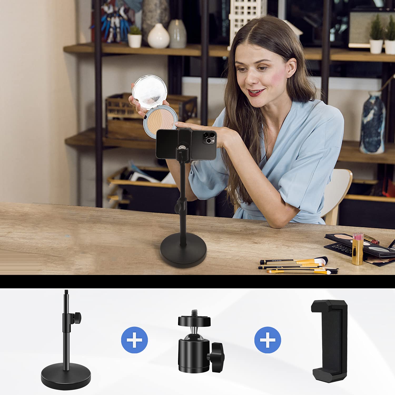Adjustable Phone Stand for Desk - 360° Rotatable Phone Holder with Clip for iPhone 14/13/12 Pro, Samsung Galaxy S22, Webcams & Most Smartphones - Perfect for Video Recording, Zoom Meetings, Live Streaming & Hands-Free Viewing