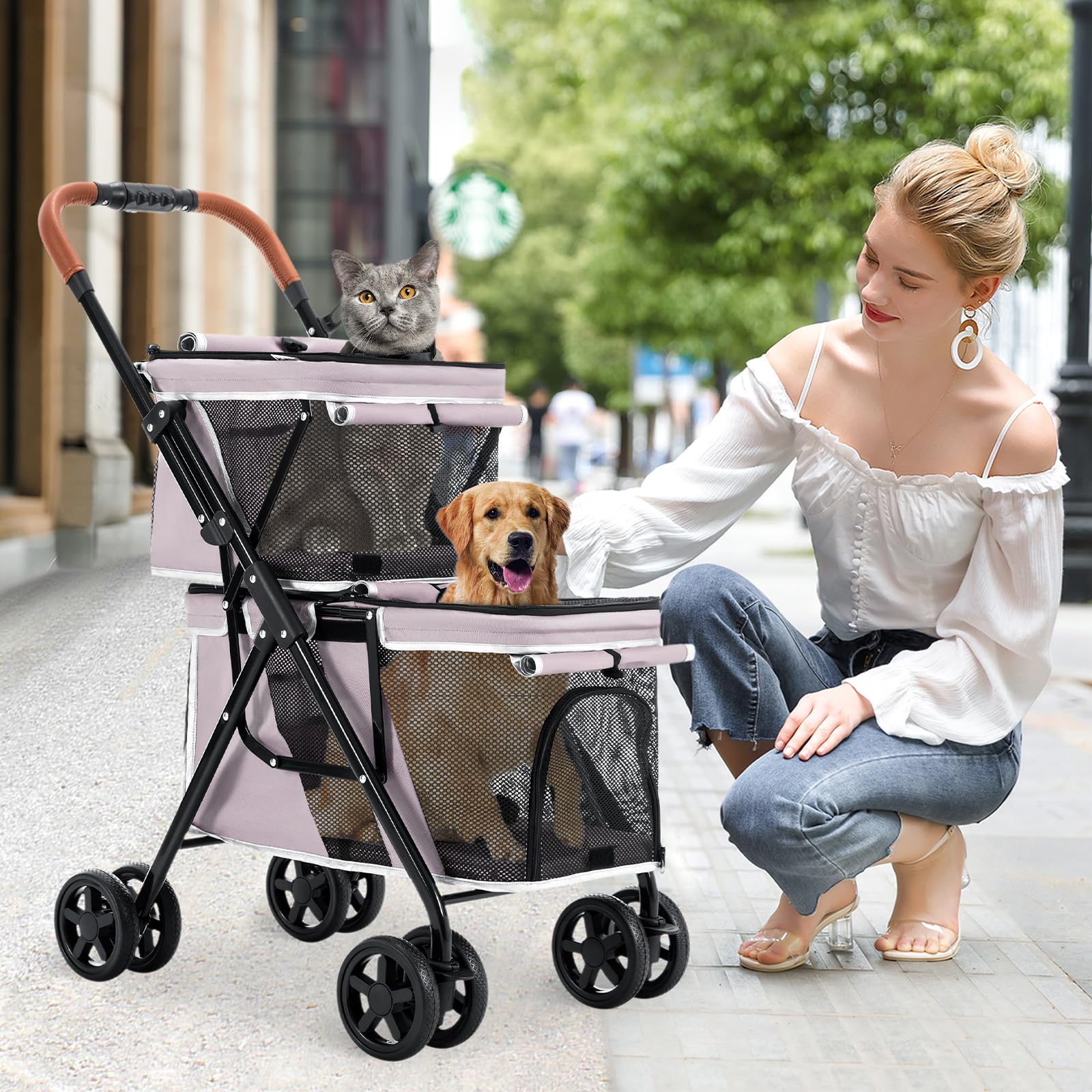 Double Pet Stroller for Dogs and Cats - Lightweight Foldable Travel Carrier with 4 Wheels for Small & Medium Pets (Pink) | Perfect for Park Walks, Vet Visits & Shopping Trips