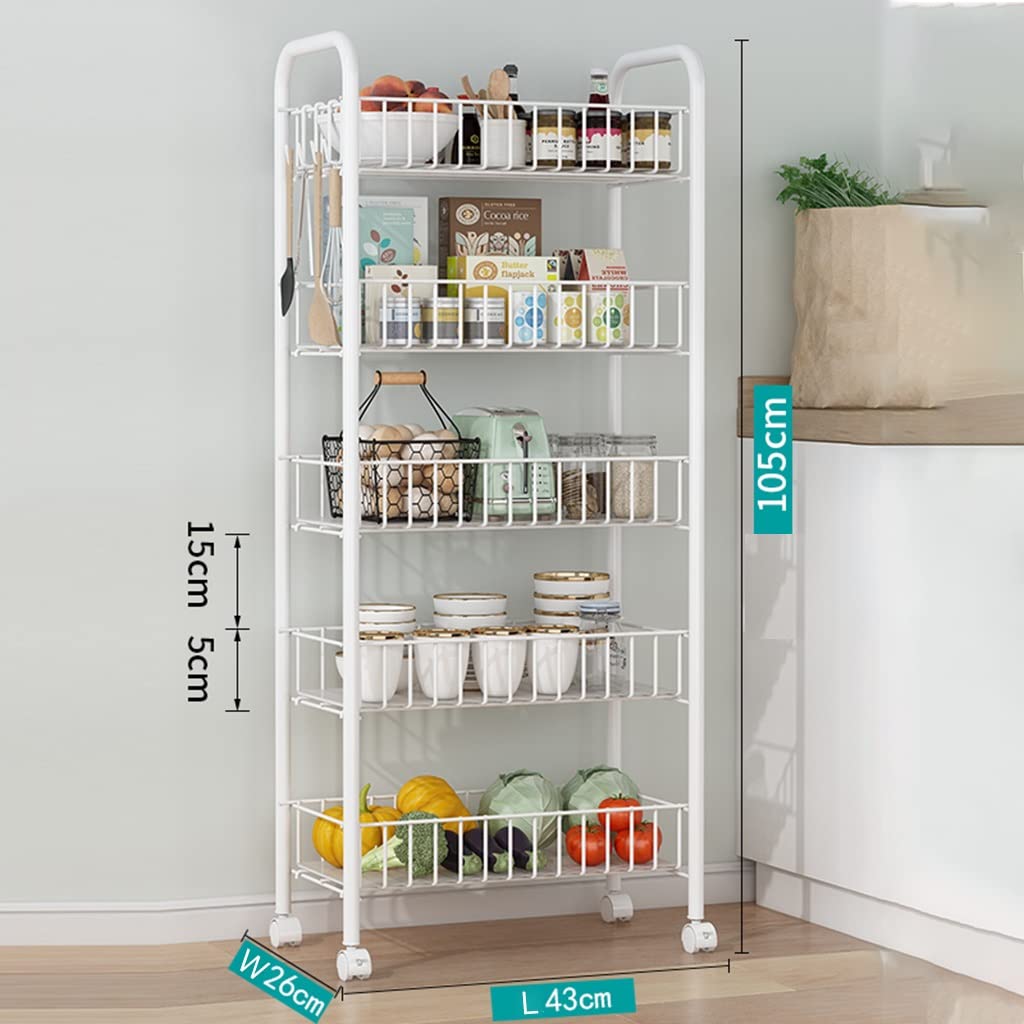 5-Tier Slim Rolling Cart with Slide-Out Storage Shelf & Wheels - Mobile Organizer with Mesh Baskets, Easy Assembly Shelving Unit for Kitchen, Bathroom, Office, Dorm - Space Saving Design (43 x 26 x 105cm) - Perfect for Small Spaces, Pantry Organization & Bathroom Storage