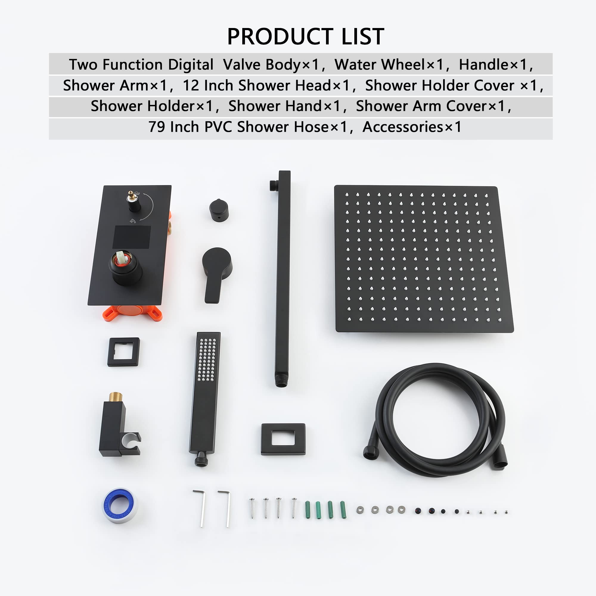 SKWOLL Matte Black Shower Faucet Set - 12 Inch Wall Mount Rain Shower Head with LCD Display & 2 Function Valve Kit | Digital Shower System for Modern Bathroom & Spa Experience