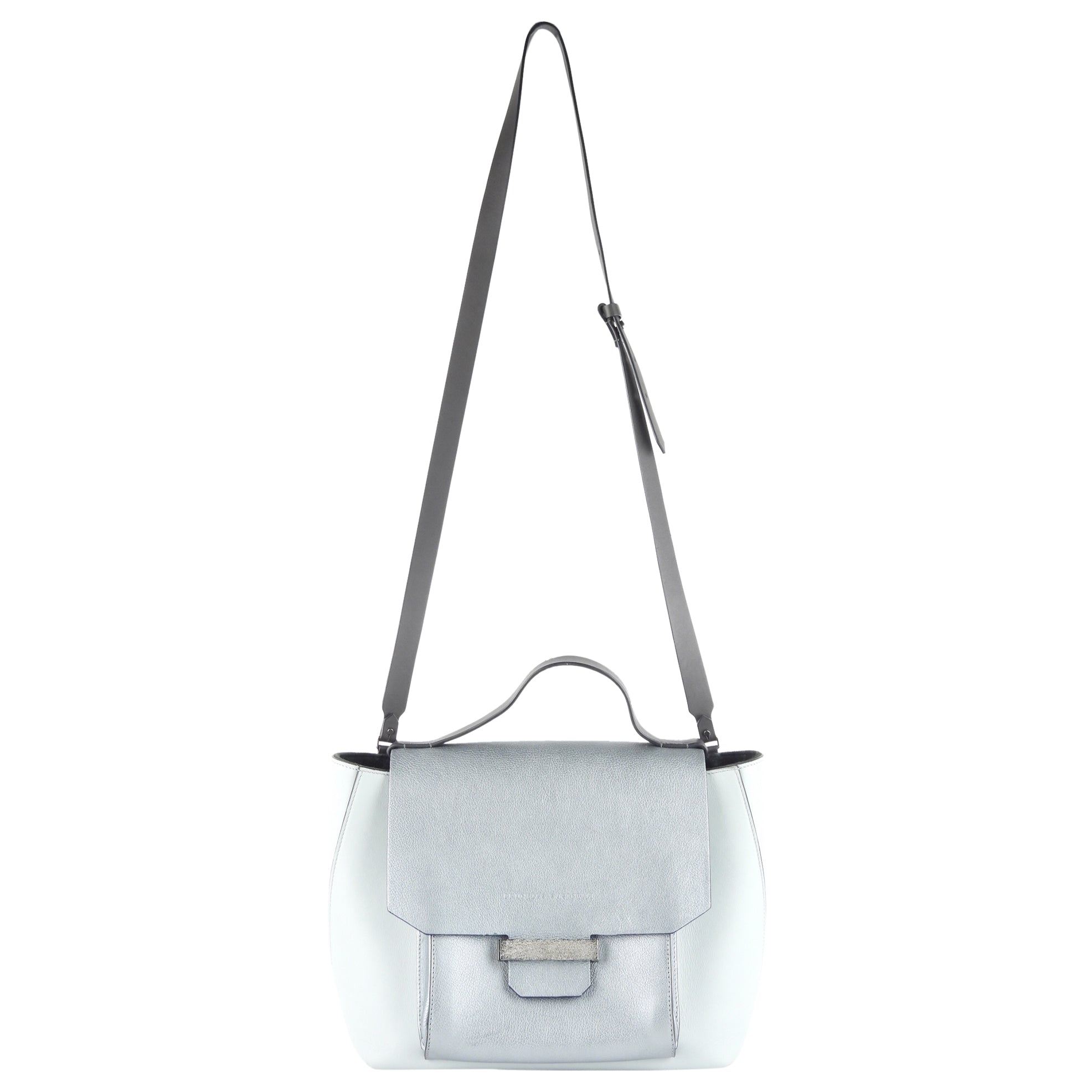 Brunello Cucinelli Pale Blue Metallic Leather Satchel Bag for Women - Luxury Designer Handbag for Work, Travel & Everyday Use