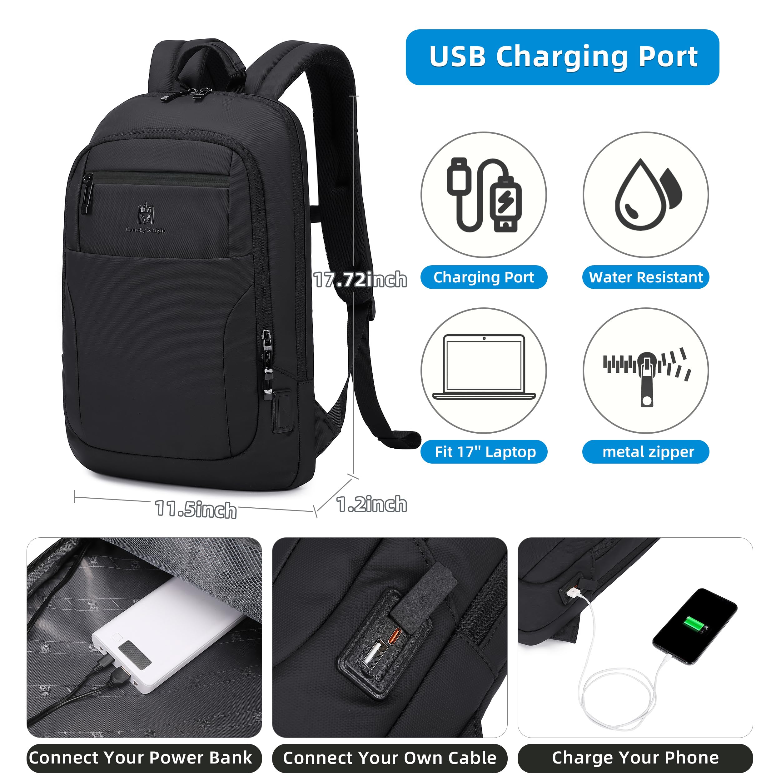 Caoroky Knight Men's 15.6 Inch Slim Laptop Backpack with USB Charging Port - Waterproof Anti-Theft Business Travel Backpack for Work, College & Commuting - Black