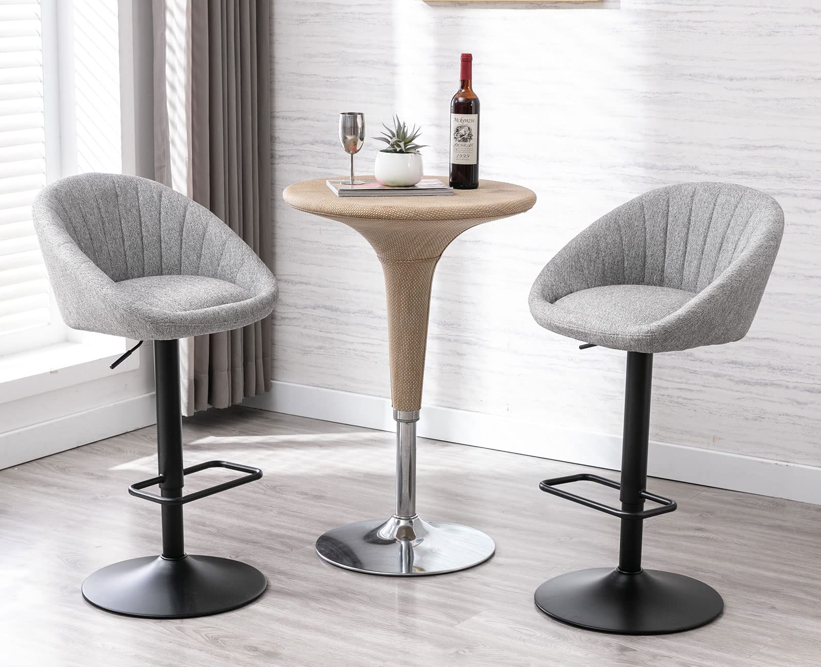 Shunzhi Adjustable Bar Stools Set of 2 - Modern Swivel Upholstered Counter Height Chairs with Black Metal Round Base, Backrest & Footrest - Perfect for Kitchen Island, Living Room, Pub, Coffee Shop & Restaurant (Grey)