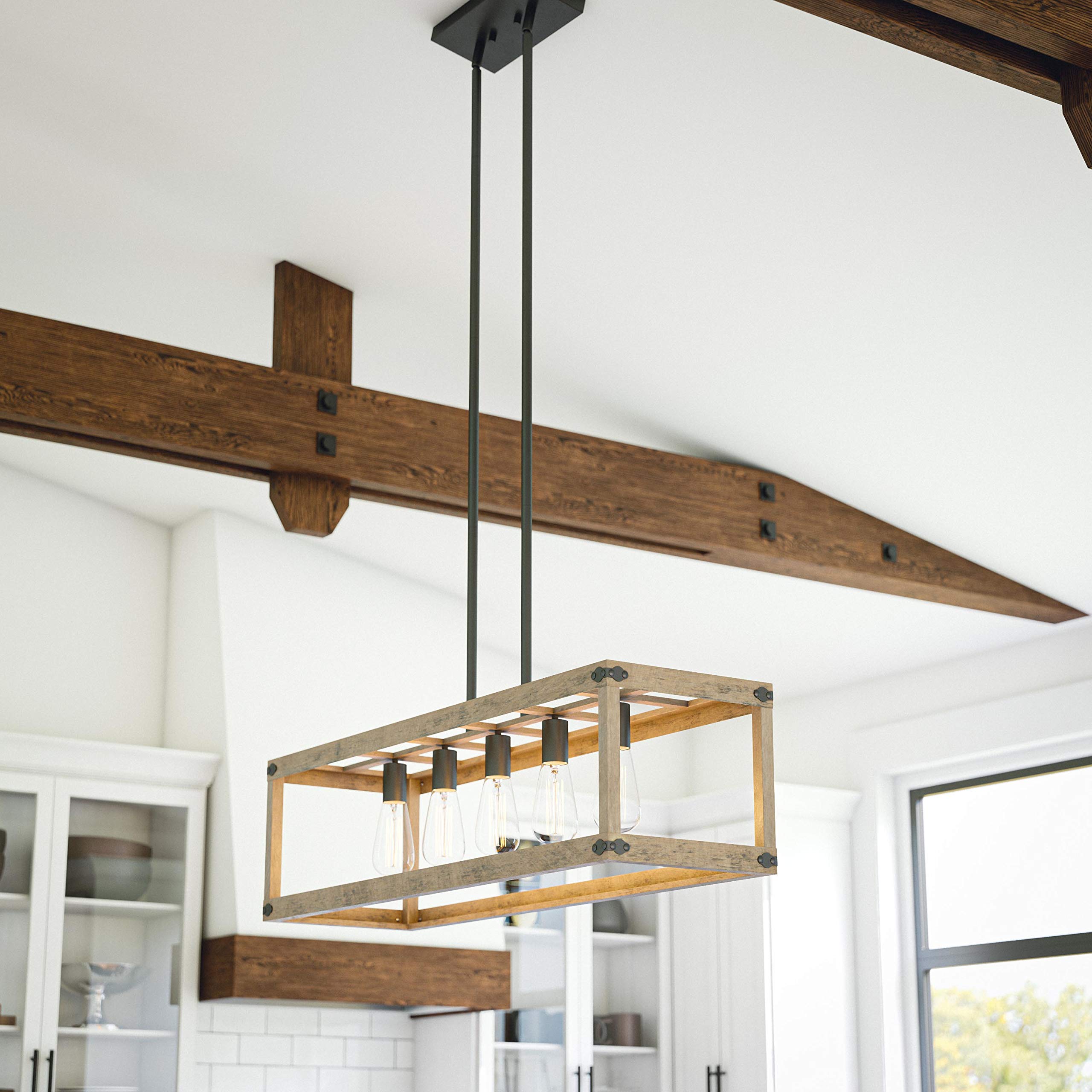 Kenroy Home 93965GRPH Swanson Island Ceiling Light - Distressed White Woodgrain with Graphite Finish - Medium Size Island Pendant Lighting for Kitchen, Dining Room & Farmhouse Decor