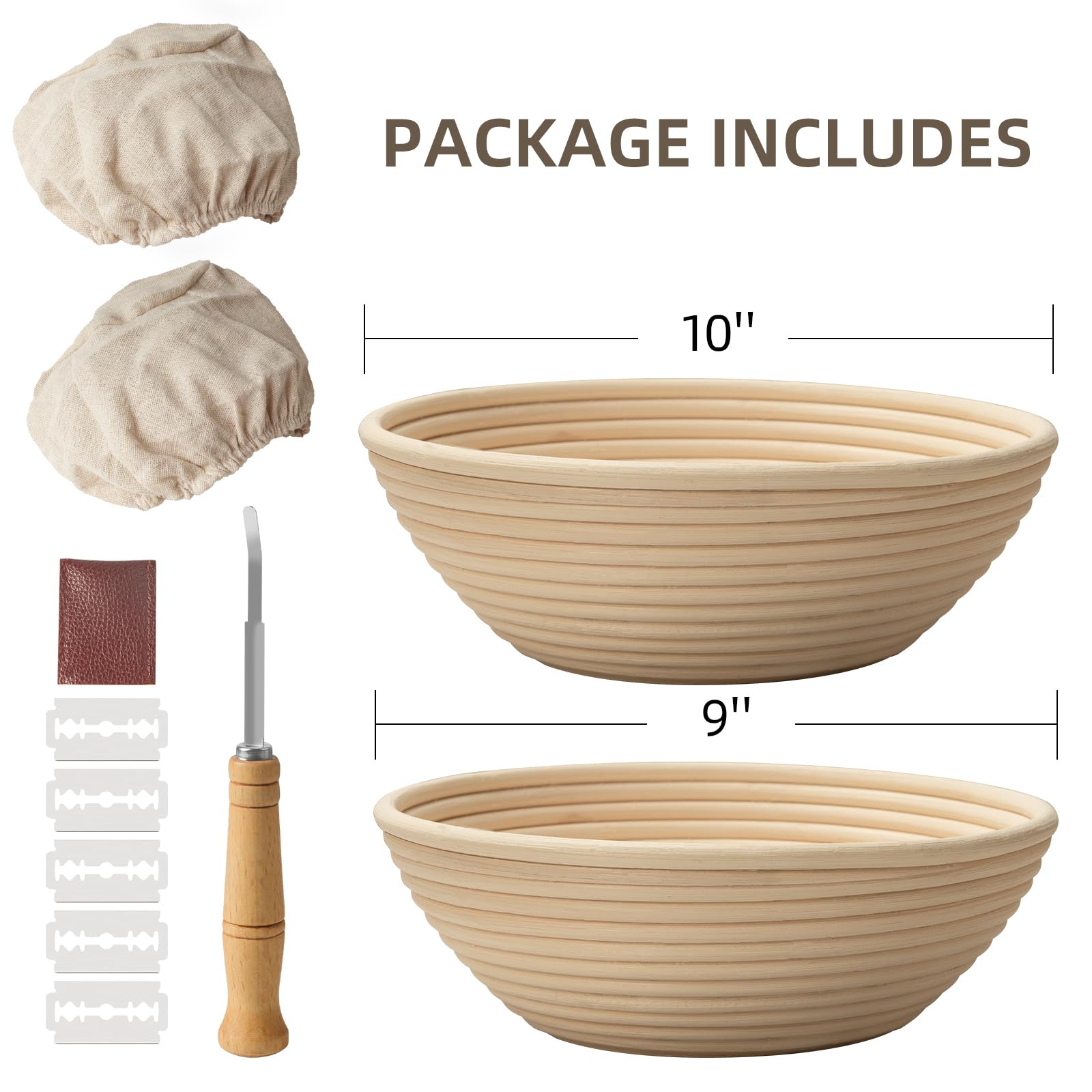 Bread Proofing Basket Set of 2 - 9 & 10 Inch Round Banneton for Sourdough Baking with Linen Liners & Bread Lame - Perfect for Artisan Bread Making at Home