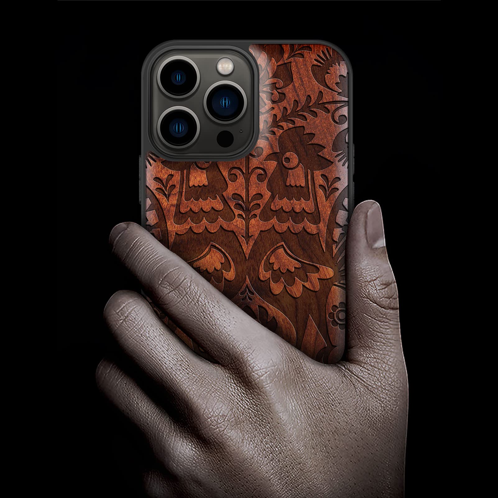 Carveit Magnetic Wood Case for iPhone 13 Pro Max - Natural Wood & Black Soft TPU Shockproof Protective Cover - MagSafe Compatible Wooden Phone Case (Floral Roosters Red Wood Design) - Perfect for Outdoor Adventures & Everyday Protection