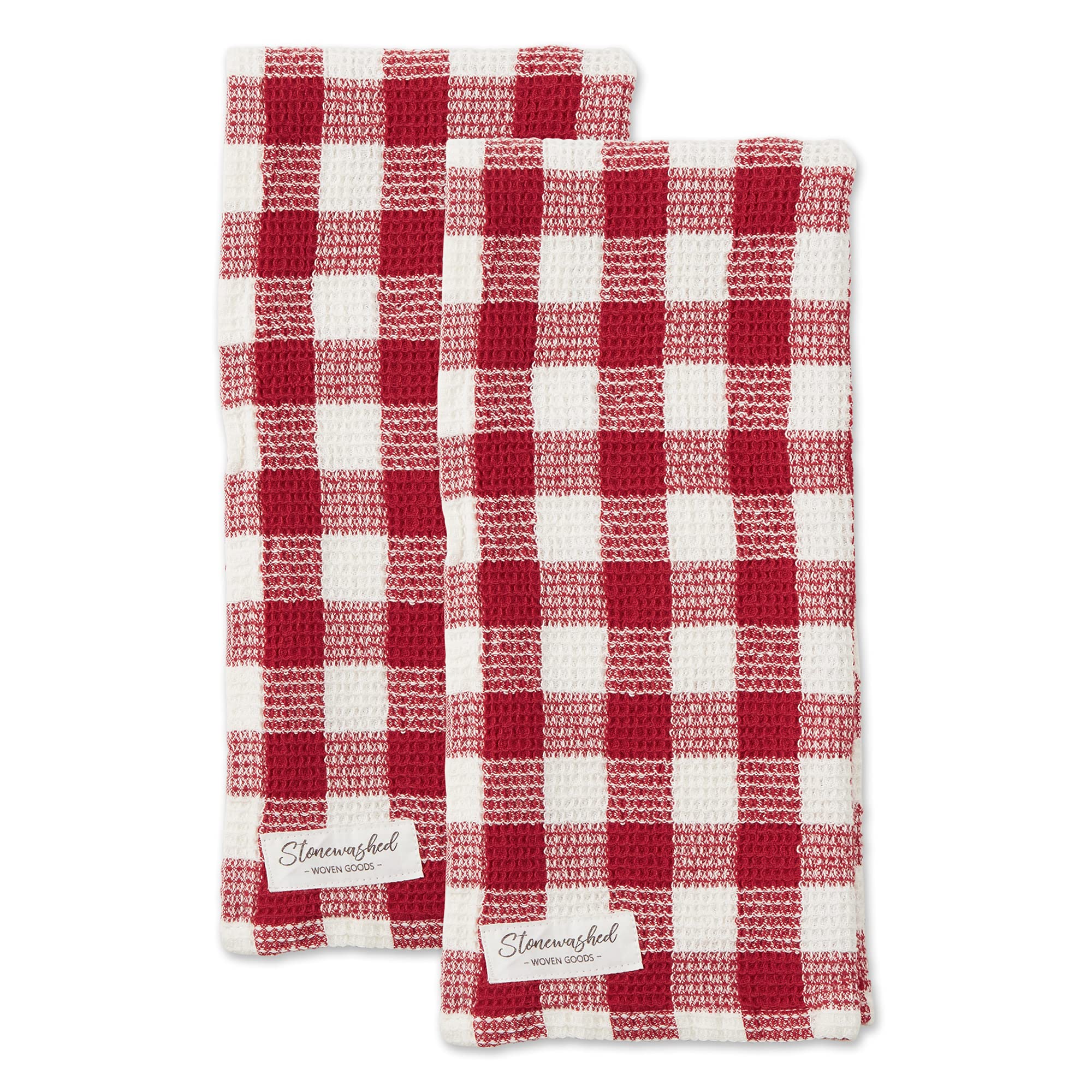 DII Washed Waffle Weave Dish Towel Set - 2 Pack, 18x28 Inches, Red Cider Check Pattern - Absorbent Kitchen Towels for Drying Dishes, Cleaning & Decor