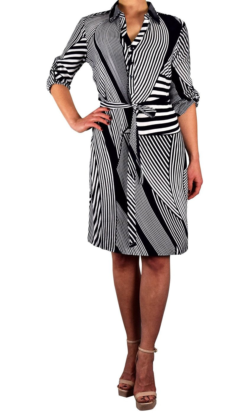 Elegant Soft Striped Button V-Neck Shift Dress for Women | 3/4 Sleeves | Office Work & Casual Wear | Perfect for Business Meetings & Date Nights