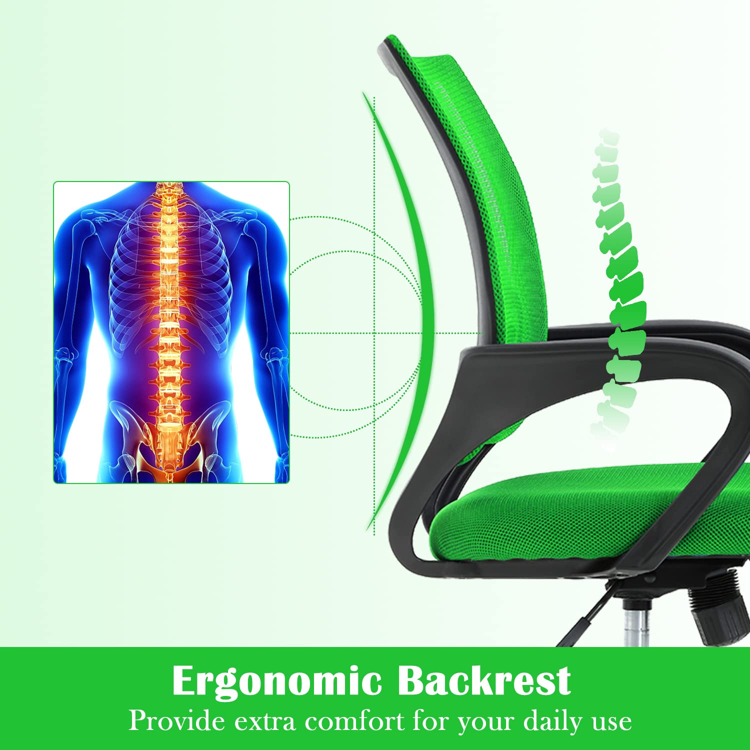 Ergonomic Office Chair with Lumbar Support & Adjustable Armrests - Mid Back Mesh Computer Desk Chair for Home Office, Executive Rolling Swivel Task Chair for Adults (Green) - Perfect for Long Work Hours, Gaming & Remote Work Setup