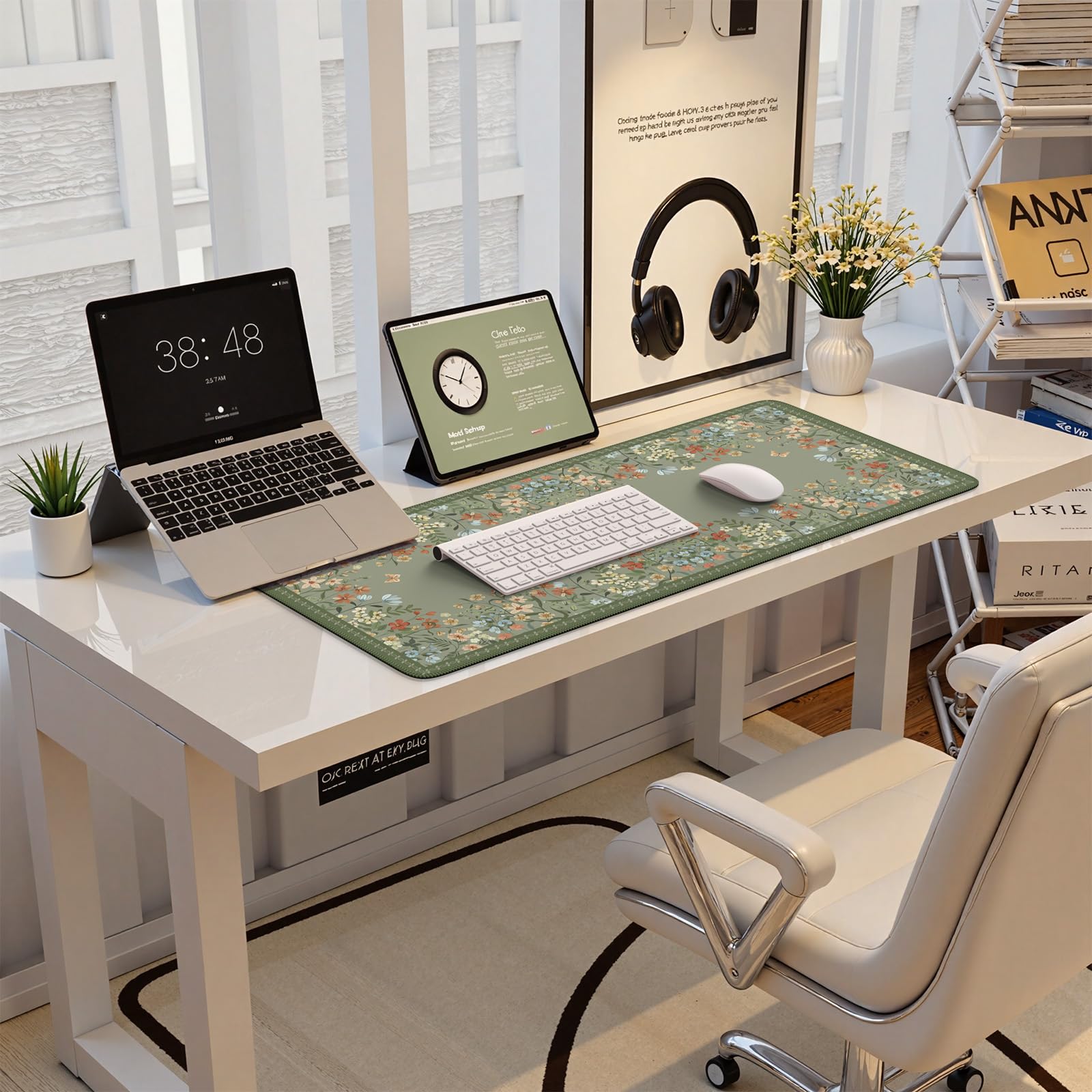 HAOCOO Floral Desk Mat - Extra Large Non-Slip Rubber Base Keyboard & Mouse Pad, Waterproof Office Desk Mat for Computer, Gaming & Work - Dark Green - Perfect for Women's Workspace & Home Office Setup