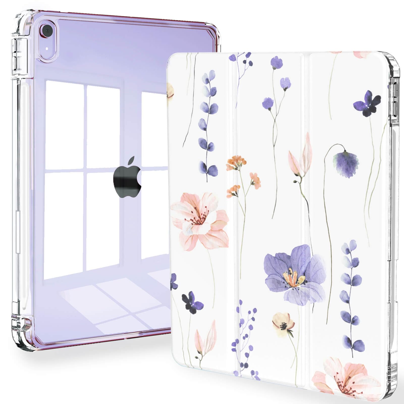 Slim Clear iPad Air Case for 11-inch M3 2025 / M2 2024 & 10.9-inch 5th/4th Gen (2020-2022) - Purple Floral Design with Pencil Holder & Auto Sleep/Wake | Perfect for Work, School & Travel Protection