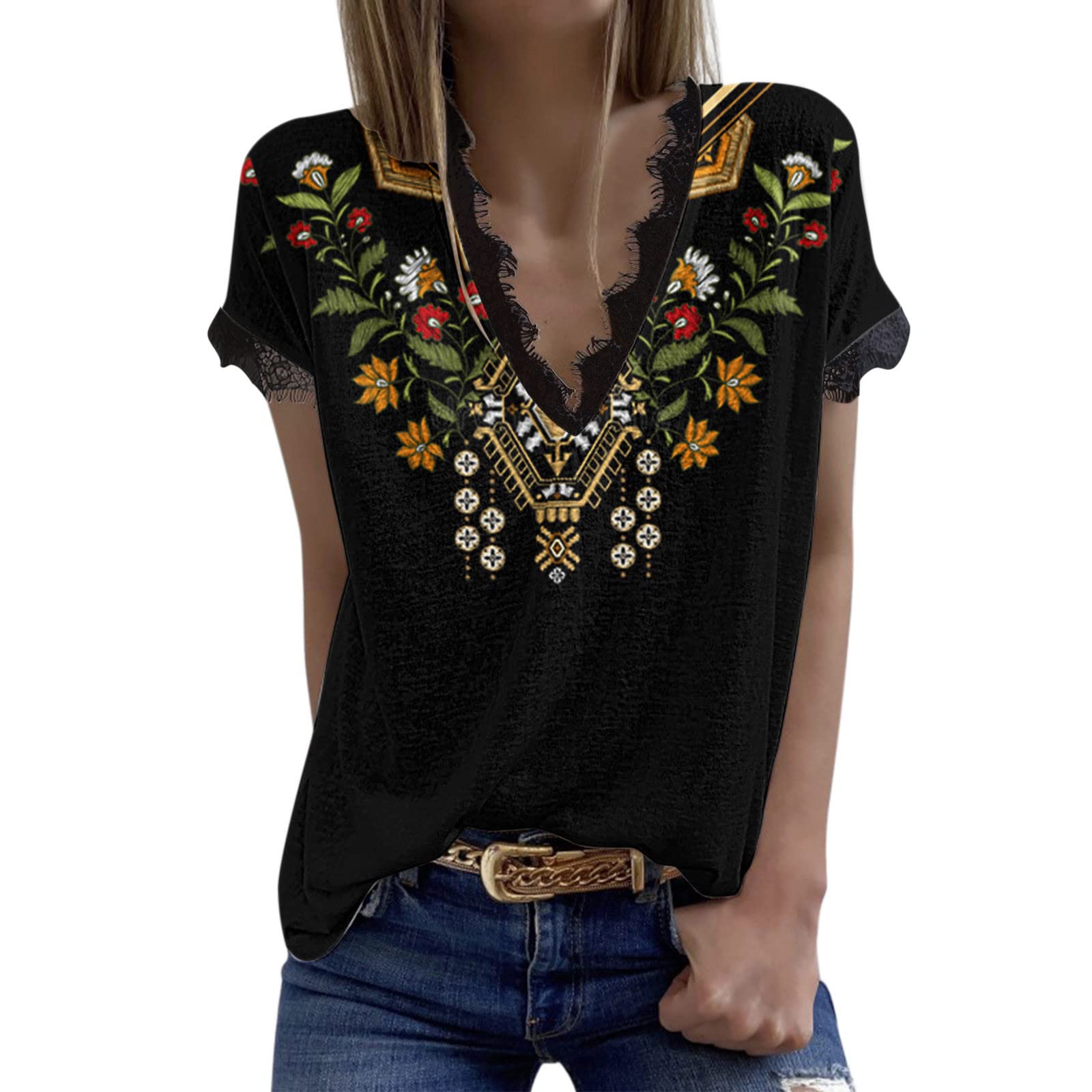 Women's Summer Tops - Short Sleeve Striped Color Block Leopard Print Casual T-Shirt in Brown | Perfect for Beach Outings, Weekend Wear & Casual Summer Fashion
