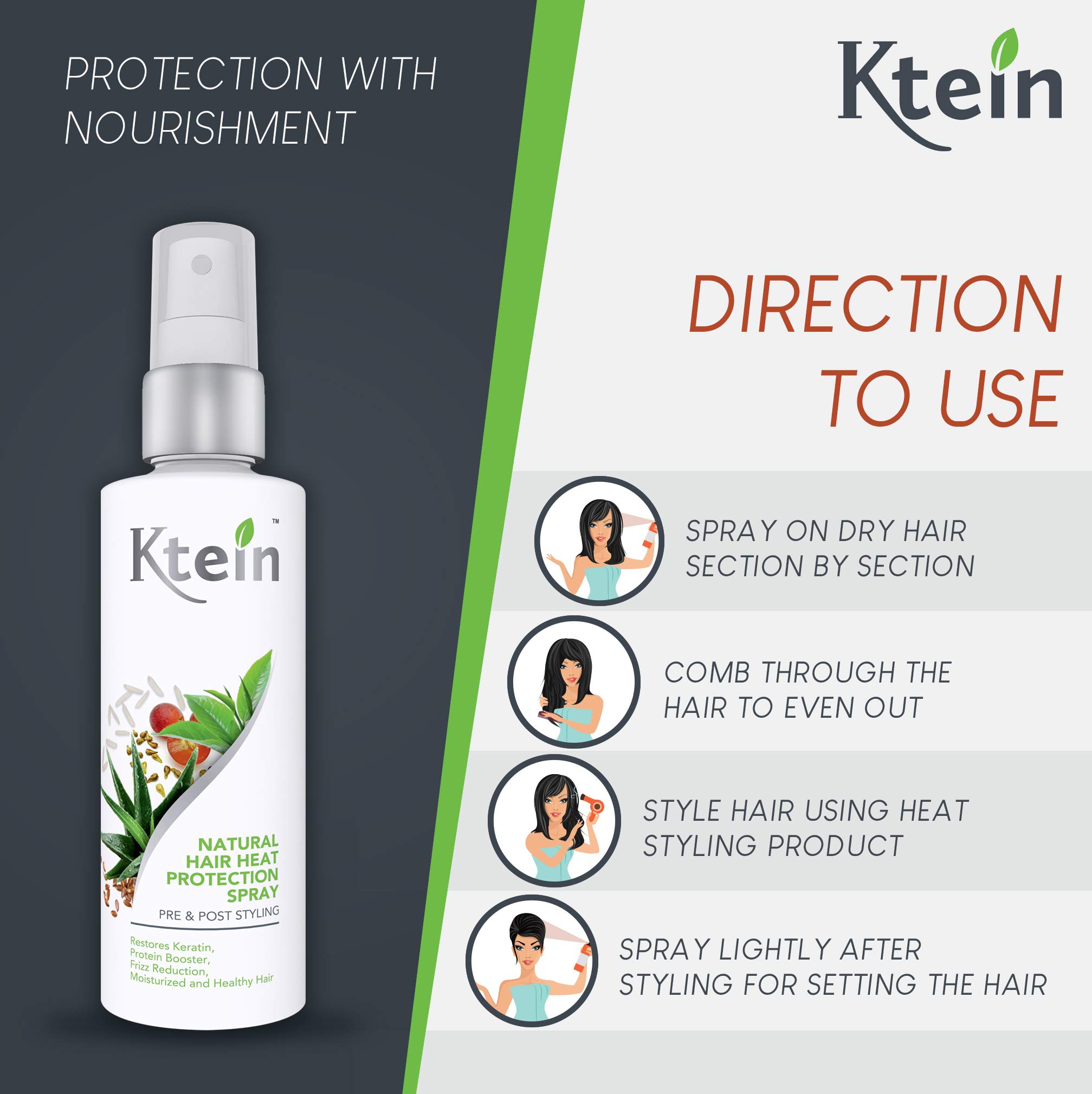 Ktein Natural Hair Heat Protection Spray 100ml - Thermal Shield for Blow Drying & Styling - Safe for Color-Treated & Damaged Hair - Perfect for Daily Use & Salon Styling