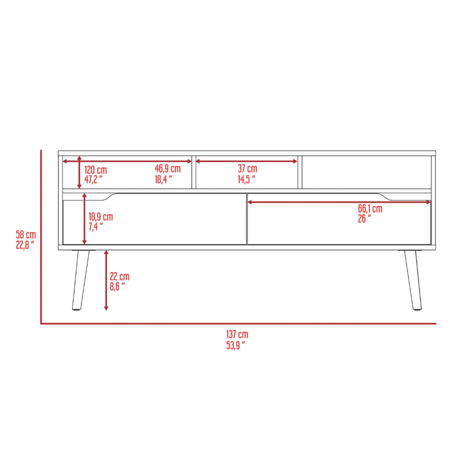 Kobe TV Stand for TVs Up to 52 Inches - 3 Open Shelves & 2 Flexible Drawers - Dark Walnut Finish - Perfect for Living Room, Bedroom or Home Theater Setup