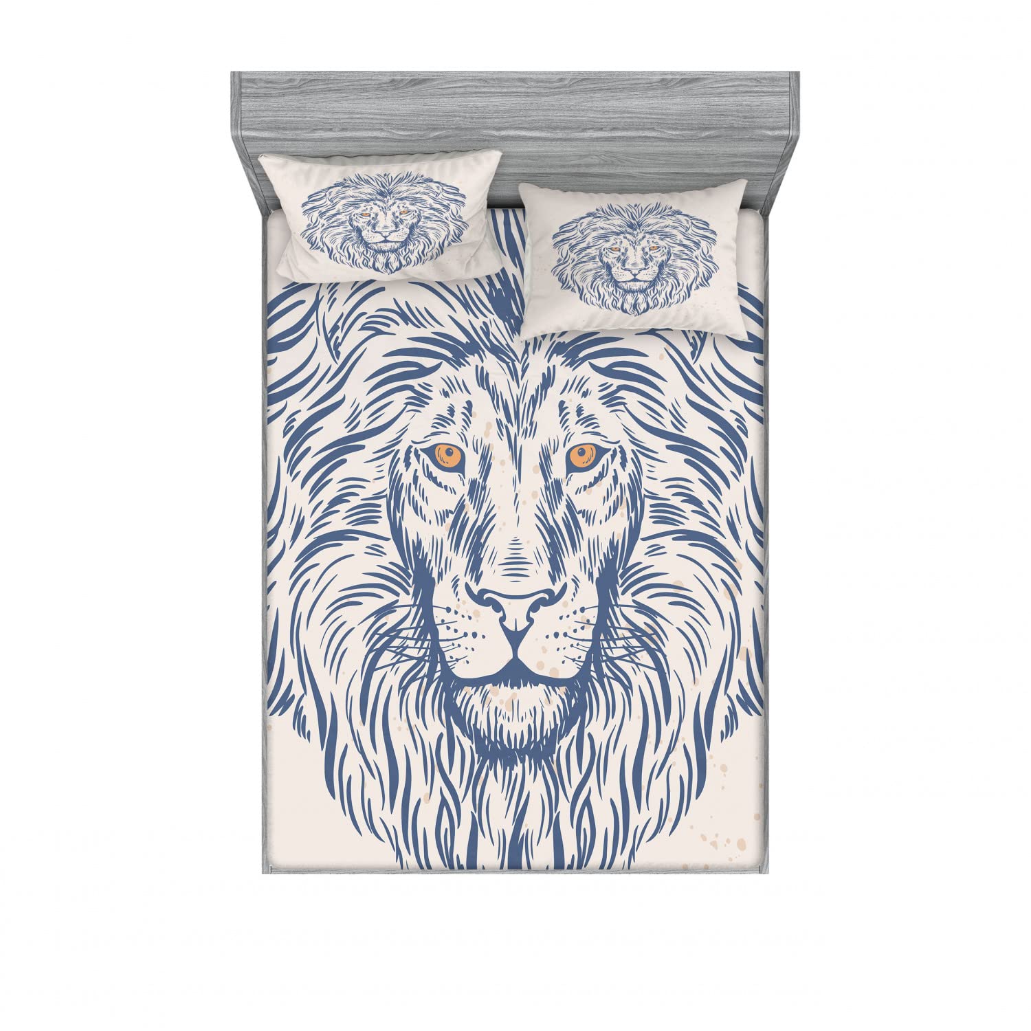 Ambesonne 2-Pack Queen Size Lion Print Fitted Sheet & Pillow Sham Set - Wildlife Animal Portrait Bedding Decor (4-Piece, Slate Blue & Beige) for Modern Bedroom, Guest Room & Safari-Themed Nursery