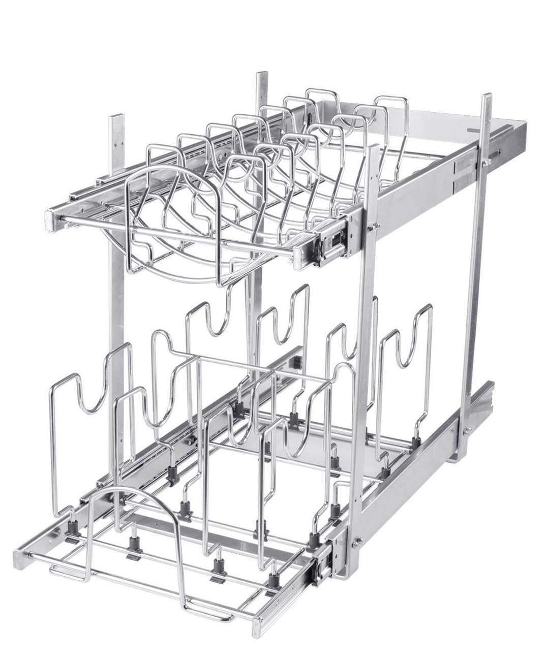 2-Tier Pull Out Cabinet Organizer for Pots, Pans & Lids - 12 Inch Chrome Base Cookware Storage Solution - Perfect for Kitchen Cabinet Organization & Space Saving