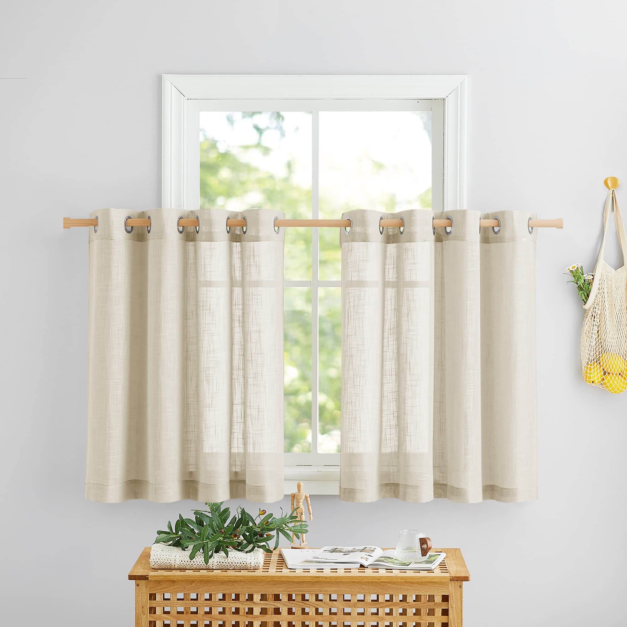PONY DANCE Sheer Voile Linen Look Window Valances - Semi-Transparent Kitchen Curtains for Small Windows, 52