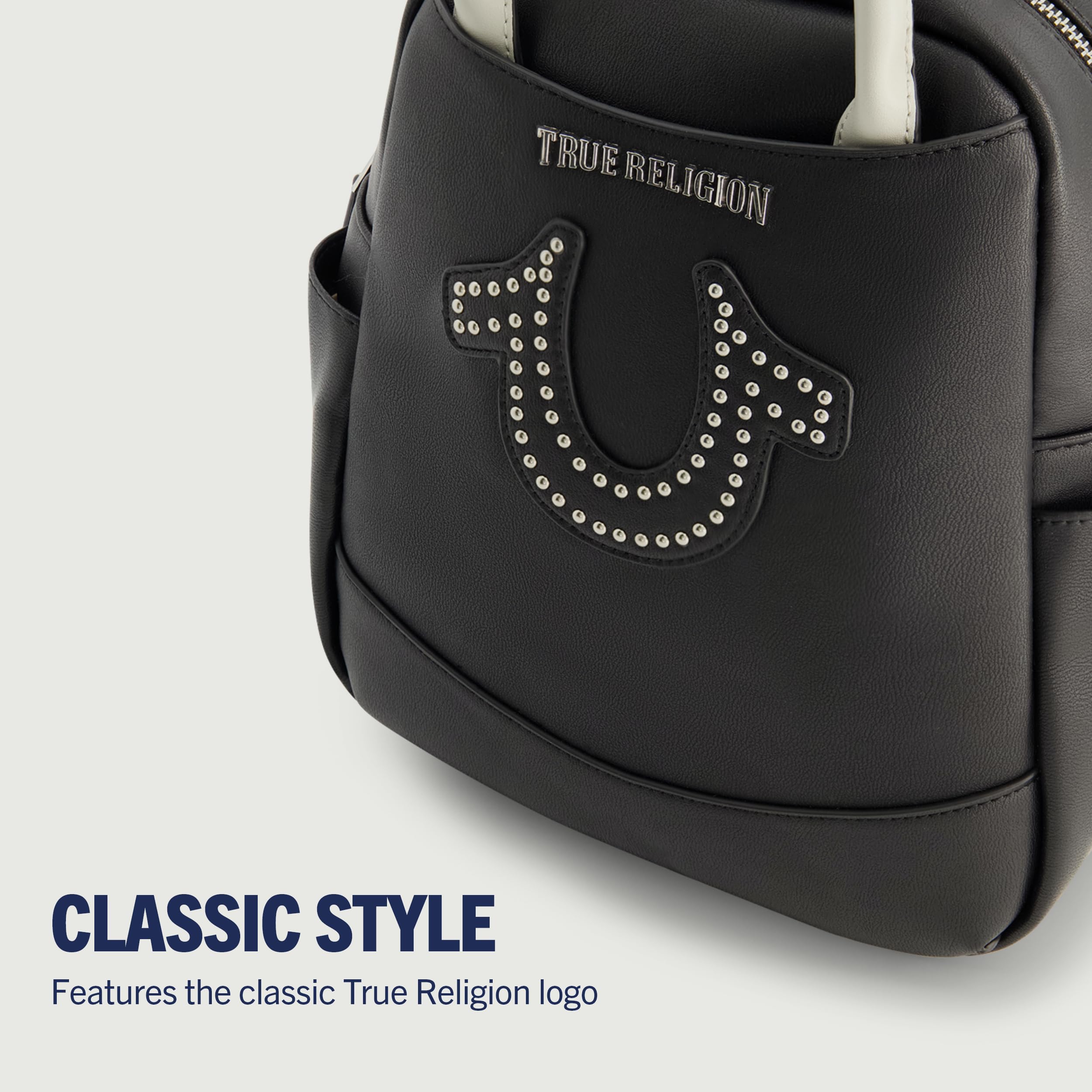 True Religion Women's Mini Backpack - Studded Horseshoe Logo Small Travel Bag Purse with Adjustable Shoulder Straps, Black, 11 Inch | Perfect for Travel, Shopping & Everyday Use