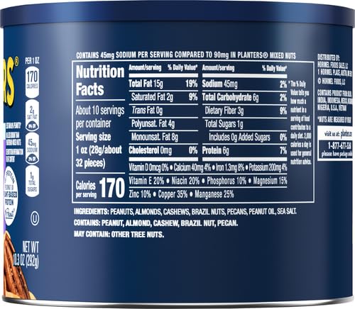 Planters Lightly Salted Mixed Nuts - 10.3 oz Canister - Premium Snack Mix with Almonds, Cashews & Pistachios - Perfect for Office Snacks, Healthy Travel Food & Party Mix