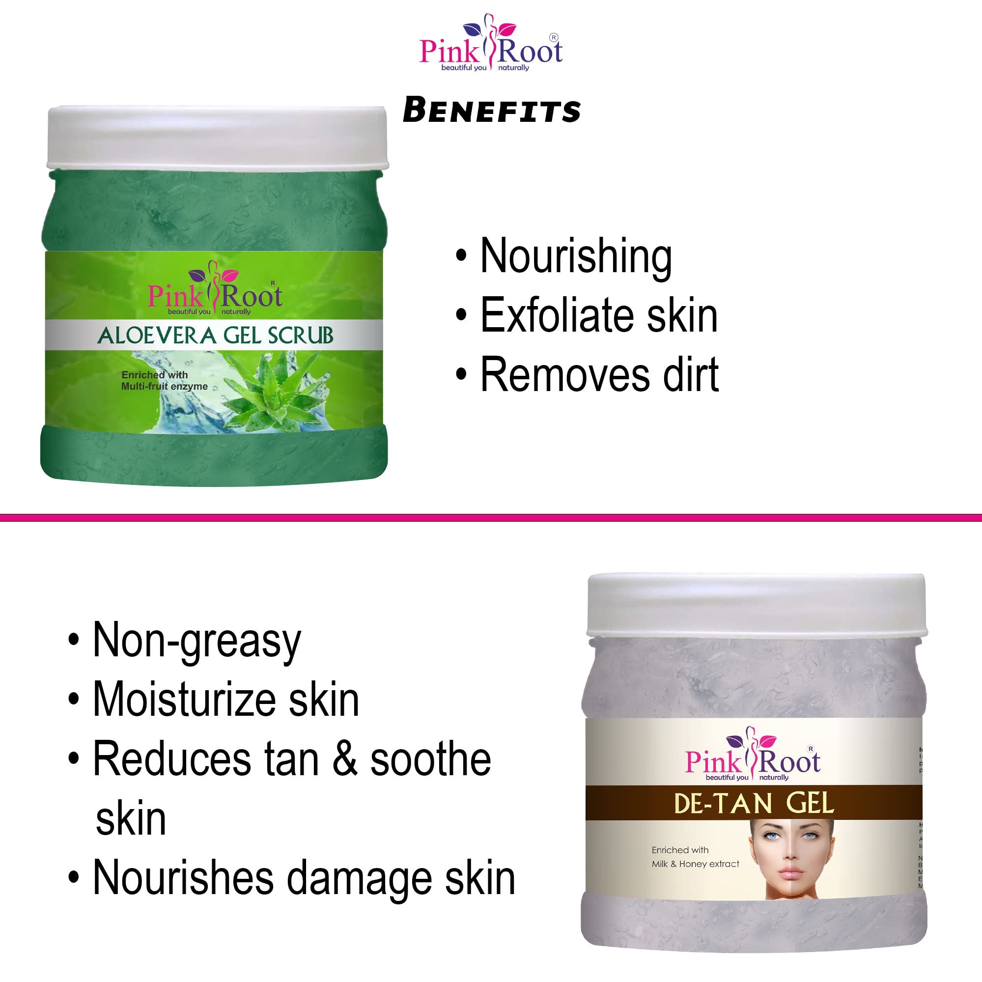 Organic Pink Root Aloe Vera Face & Body Scrub 500g + De-Tan Brightening Gel 500g - Exfoliating & Skin Brightening Combo for Acne, Dark Spots & Sun Tan Removal | Perfect for Daily Skincare Routine & Post-Sun Care