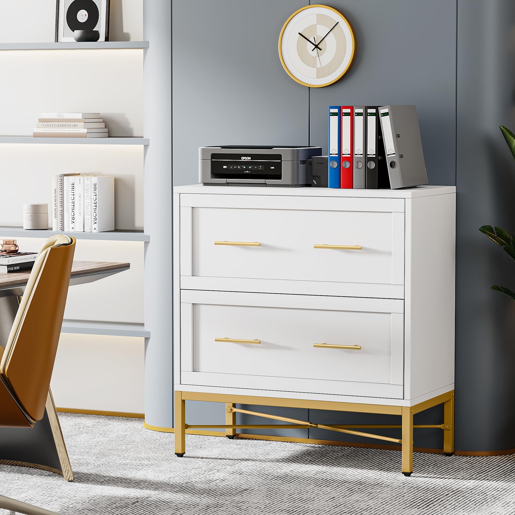 Tribesigns 2-Drawer White & Gold File Cabinet - Modern Lateral Filing Cabinet for Letter/Legal/A4 Documents - Wood Storage Cabinet with Printer Stand for Home & Office - Perfect for Organizing Files, Office Supplies & Workspace Essentials