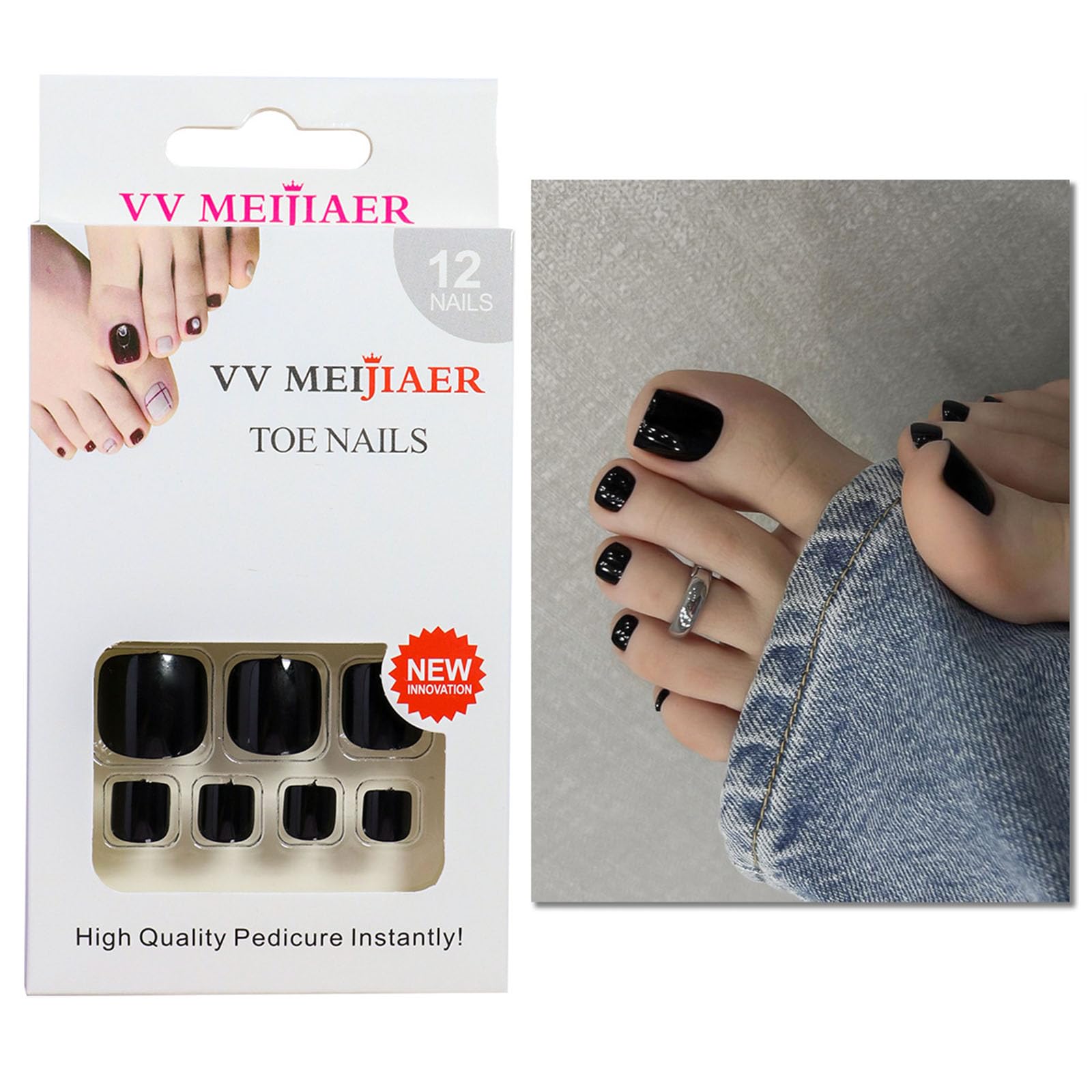 24Pcs Black Press-On Acrylic Toenails - Full Cover Fake Toe Nails with Glossy Finish & Strong Glue - Natural Looking Artificial Toenails for Women | Perfect for Pedicures, Parties & Everyday Wear
