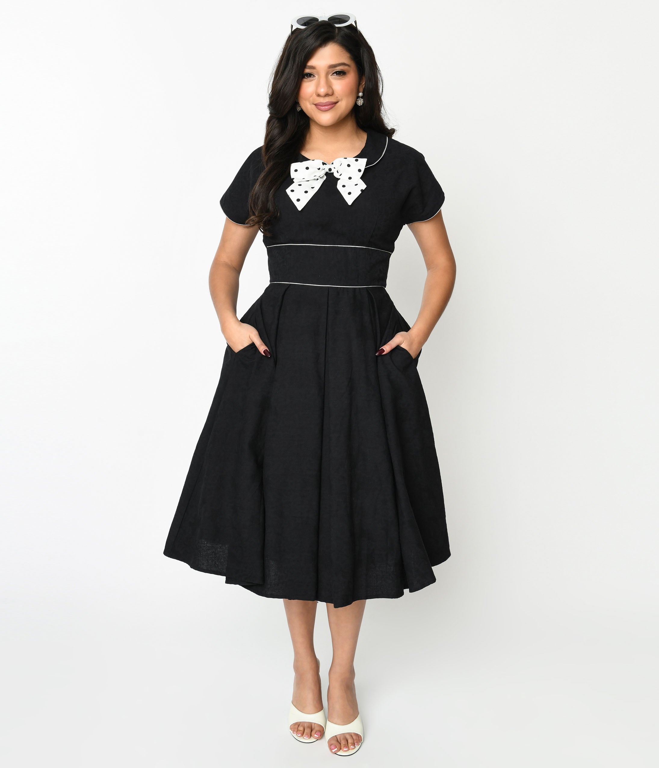 Vintage 1950s Black and Ivory Polka Dot Swing Dress with Bow - Retro 50s Style Cotton A-Line Dress for Women, Perfect for Cocktail Parties, Tea Dances & Vintage Theme Events