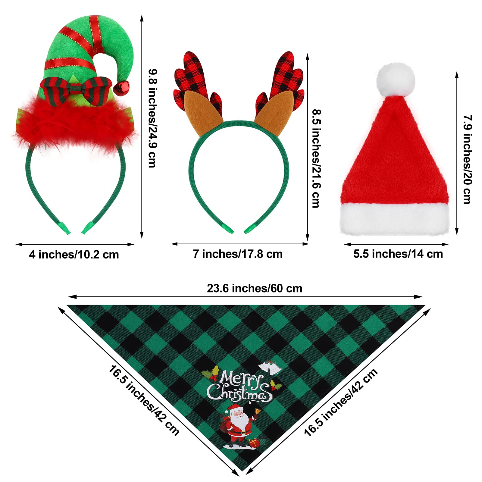 Christmas Pet Costume Set - Buffalo Plaid Scarf, Reindeer Antlers & Santa Hat for Dogs - Holiday Pet Decor & Photo Props