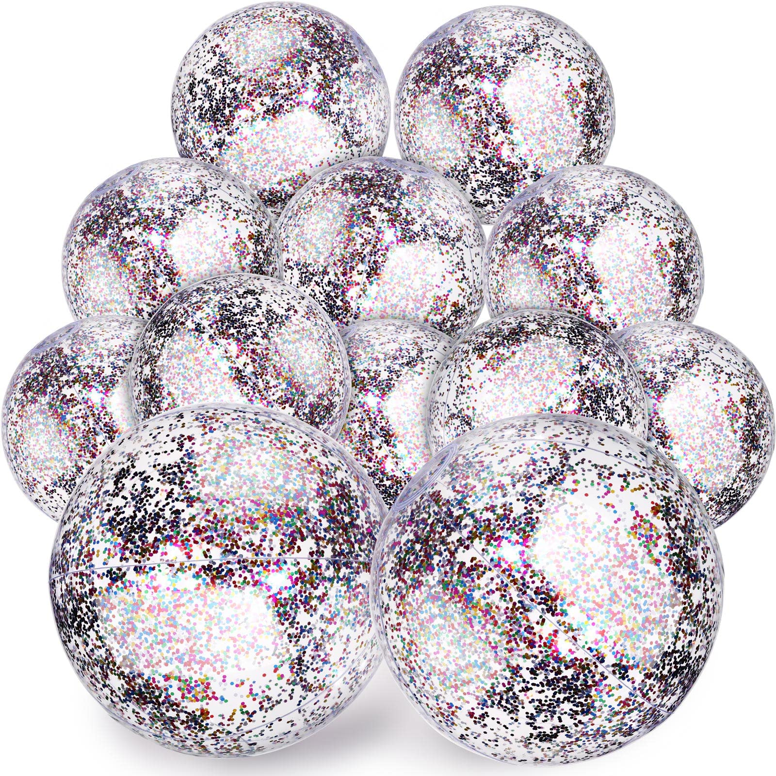 Lewtemi 12 Pcs Inflatable Glitter Beach Balls - 16 Inch & 24 Inch Jumbo Pool Balls with Clear Confetti, Multicolored Summer Party Decorations for Pool Parties, Beach Games, Baby Showers & Birthday Favors