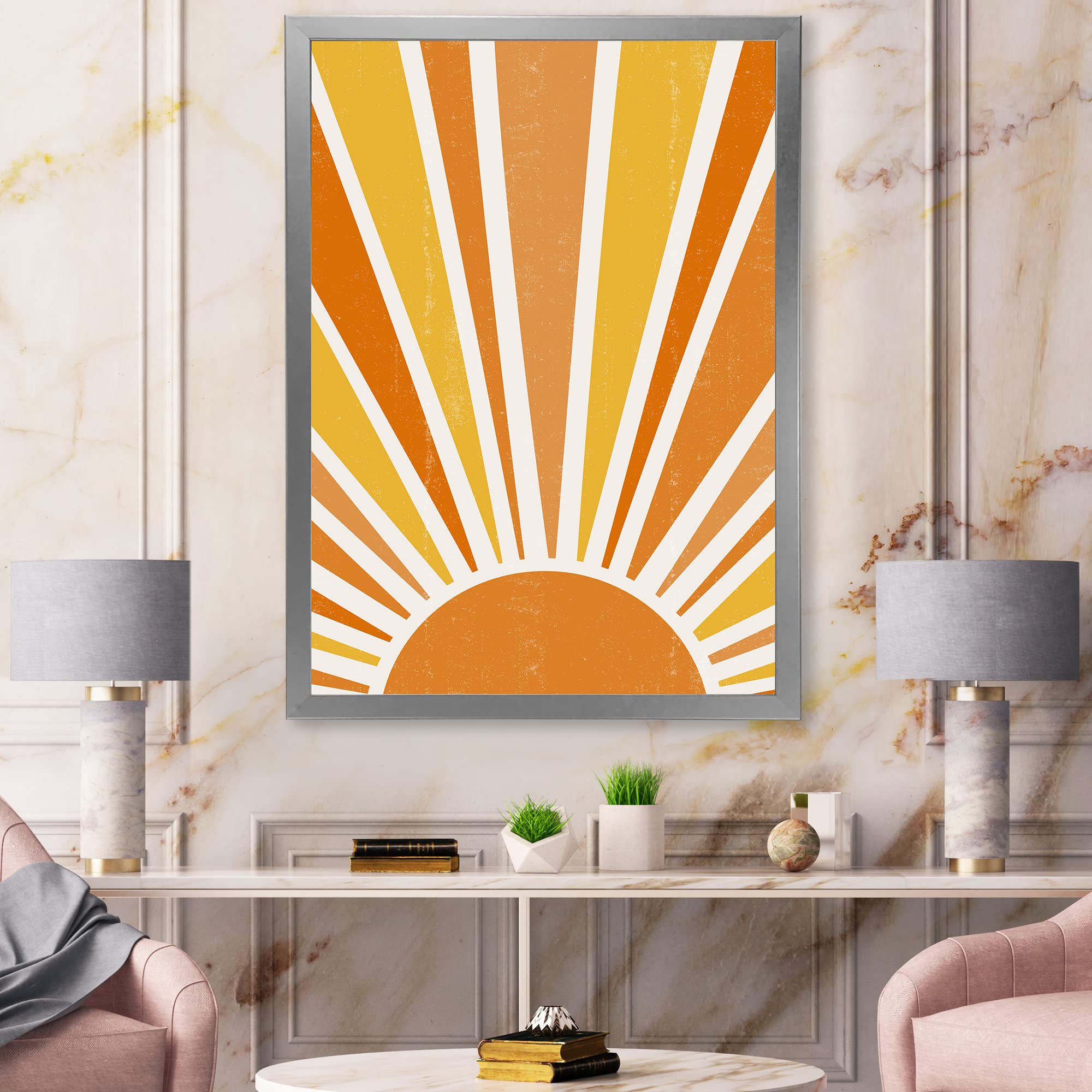 Minimalist Bright Shining Orange Sun Rays II Modern Framed Wall Art - Contemporary Home Decor for Living Room, Bedroom & Office