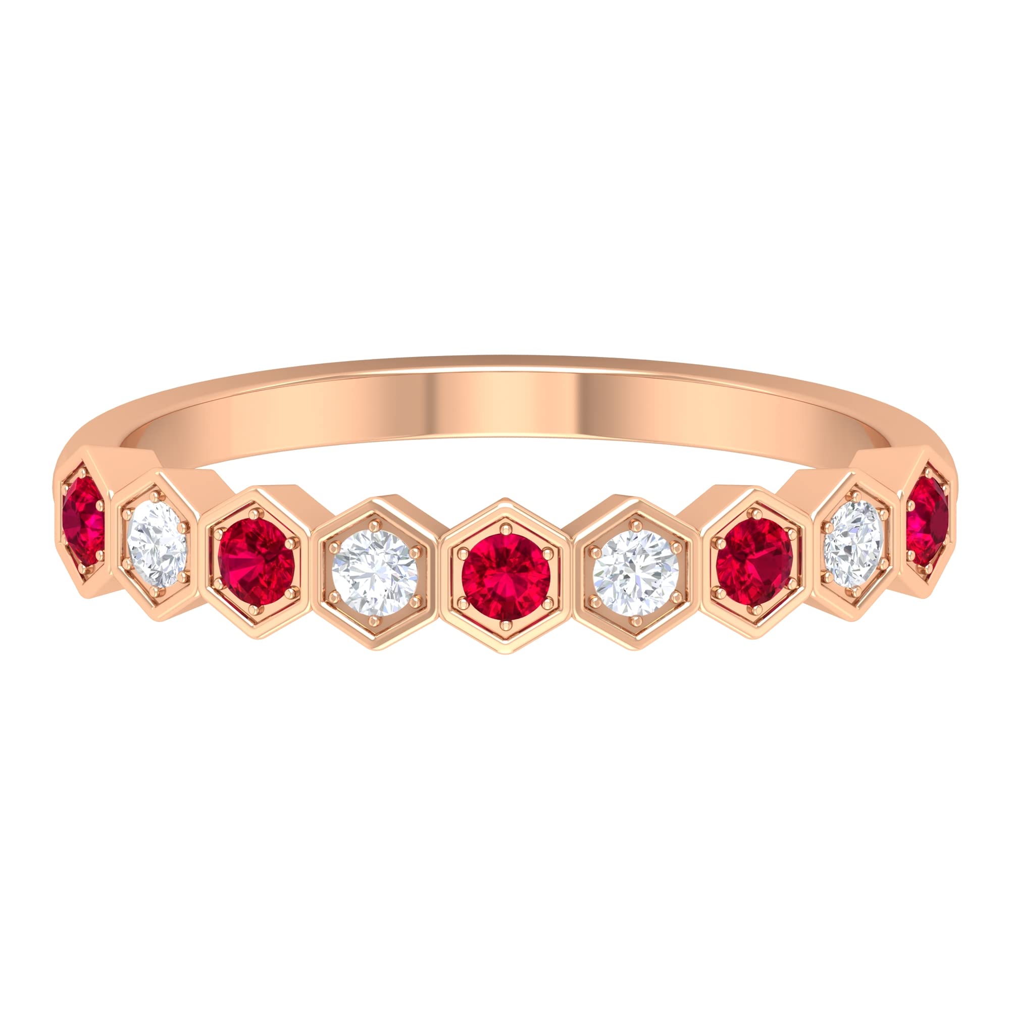 0.50 CT Hexagon Ruby and Diamond Half Eternity Ring for Women - 14K Solid Gold Wedding Band, Anniversary Gift, Valentine's Day Jewelry