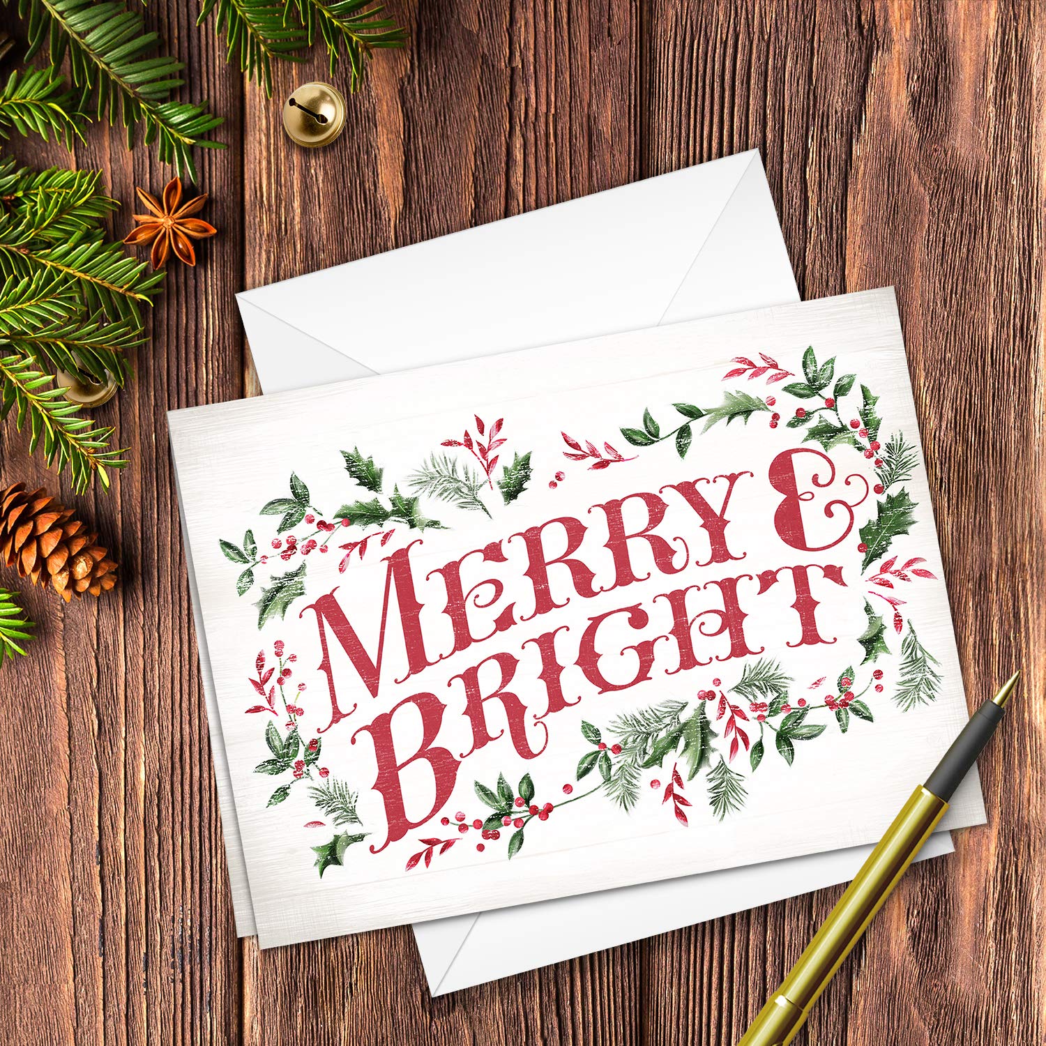 25 Classic Holiday Christmas Cards with White Envelopes - 5 Retro Christmas Designs (4 5/8