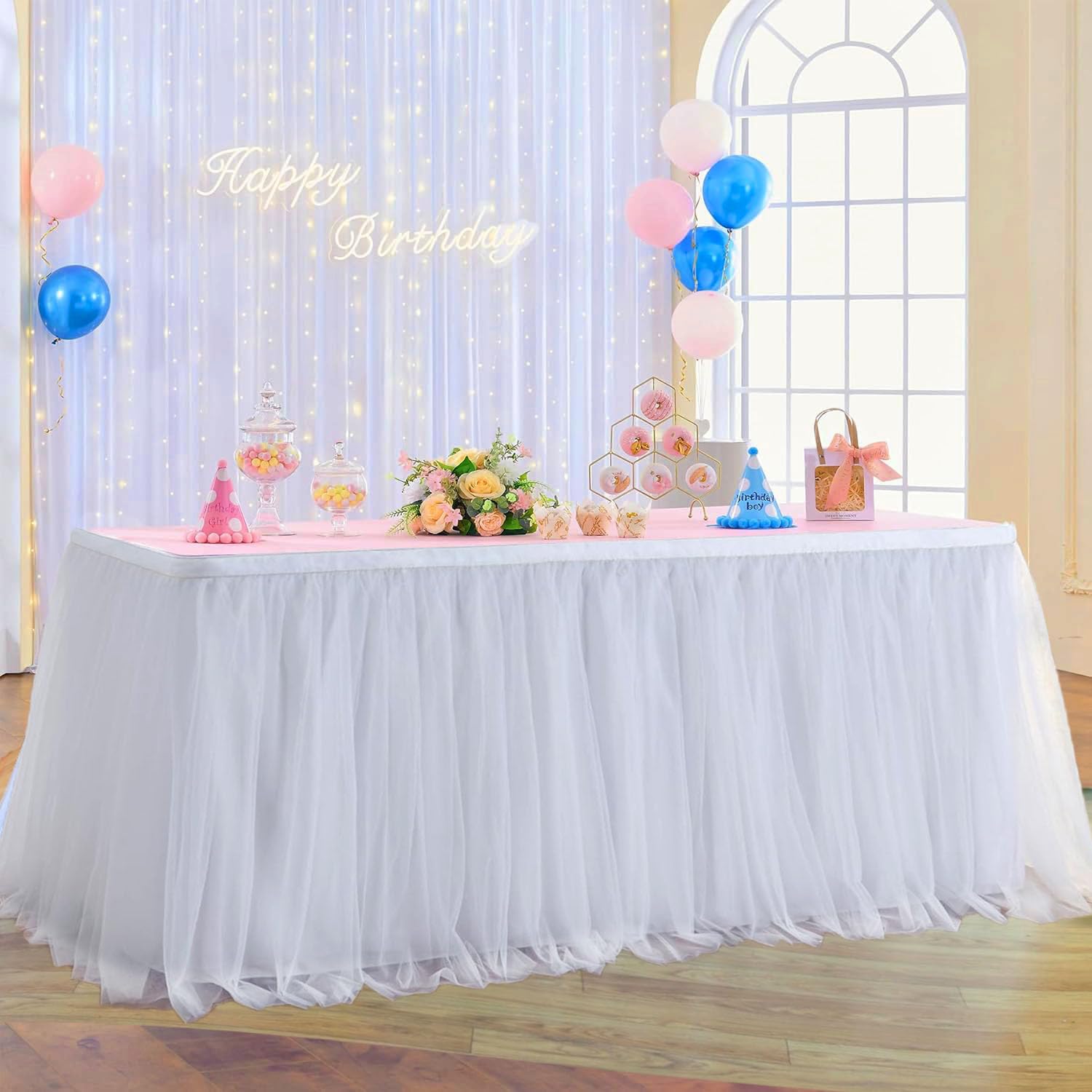 Albassa White Tulle Table Skirt with LED Lights - 6ft Tutu Table Cover for Rectangle or Round Tables - Elegant Baby Shower, Birthday Party & Wedding Cake Table Decor - Perfect for Dessert Buffets, Bridal Showers & Special Events (White, 6ft Length x 30in Height)
