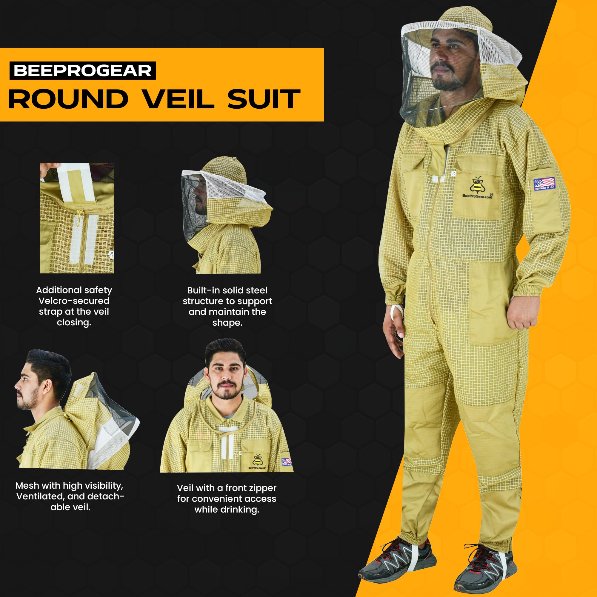 BeeProGear 3-Layer Ultra Ventilated Mesh Beekeeping Suit with Round Veil - Sting-Proof Beekeeping Jacket & Pants Set with Leather Gloves & Storage Bag (Medium Brown) | Professional Beekeeping Gear for Men & Women | Ideal for Honey Harvesting, Hive Inspection & Apiary Work