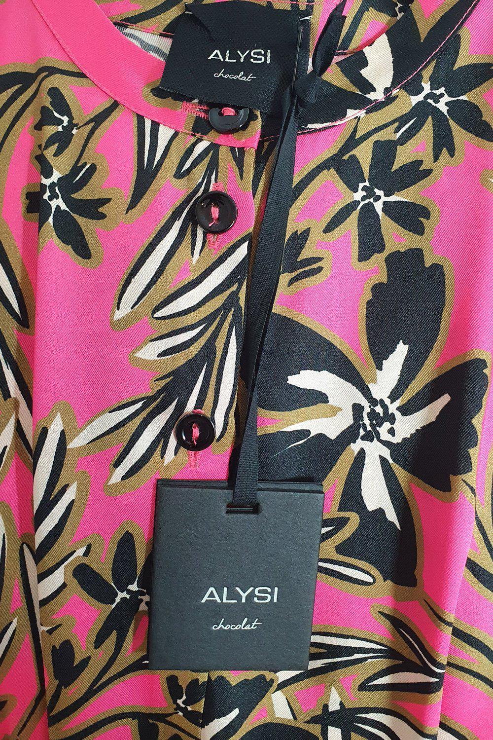 ALYSI CHOCOLAT Fuchsia Pink 3/4 Sleeve Floral Print Midi Dress - Women's Plus Size IT 42 (US 12) - Elegant Cocktail Party & Spring Wedding Guest Outfit