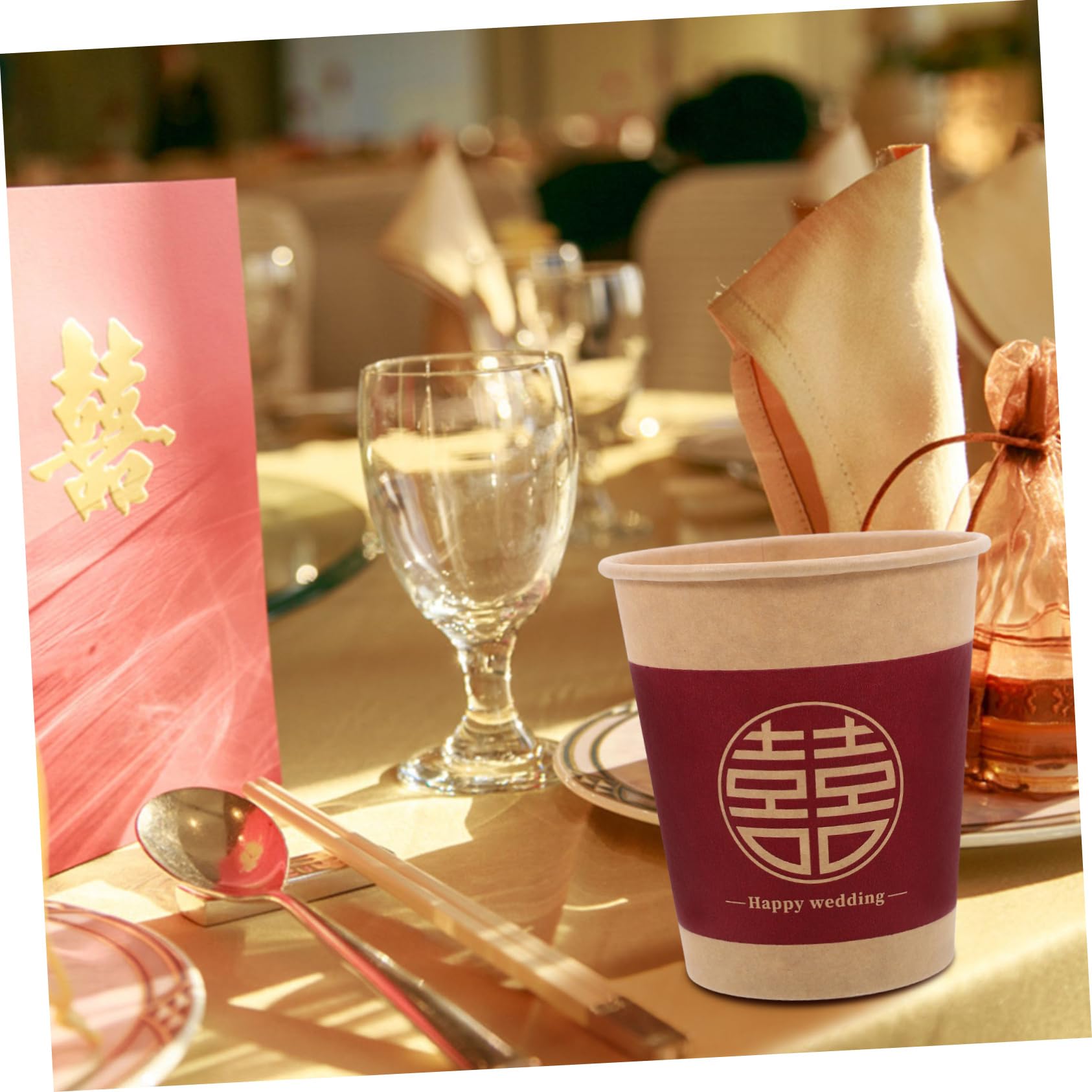 ULTECHNOVO 100 Pcs Happy Wedding Paper Cups - Double Wall Disposable Red Party Cups for Wedding, Holiday & Celebration (Xi Design) - Perfect for Bridal Showers, Receptions & Festive Gatherings