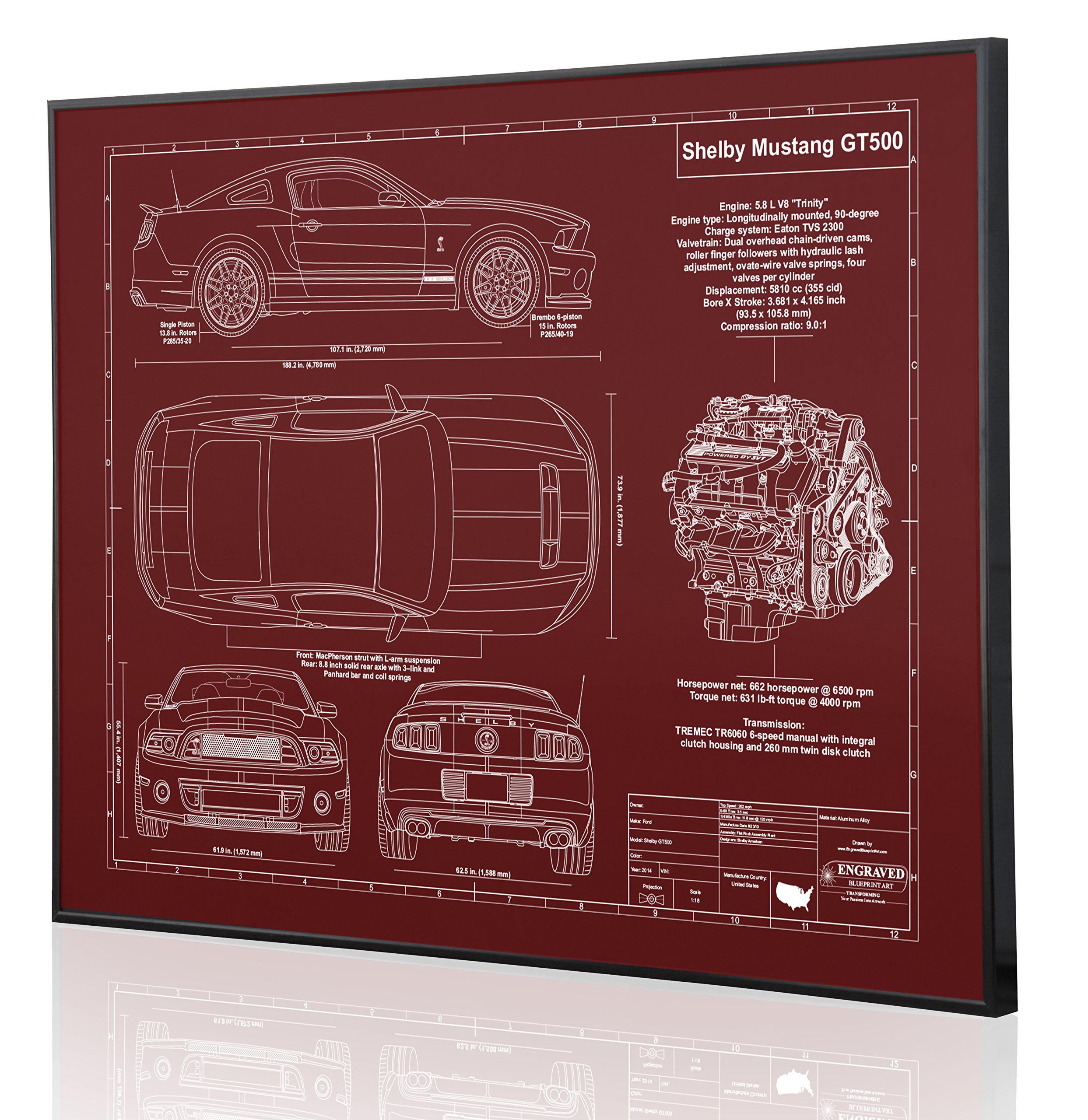 2014 Shelby Mustang GT500 Blueprint Artwork - Laser Engraved & Personalized - Unique Ford Car Enthusiast Gift for Home, Office, or Man Cave Decor