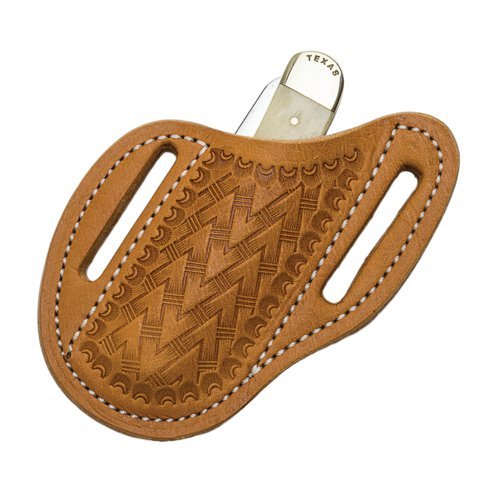 Premium Leather Knife Sheath for Trapper & Belt Carry - Hand-Tooled Slanted Pancake Design in Tan | Ideal for Hunting, Camping & Outdoor Adventures