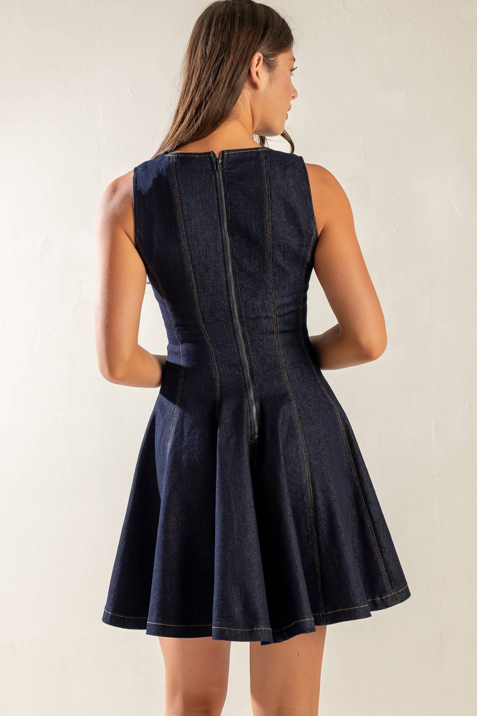 Classic Dark Denim Mini Dress for Women - Vintage Inspired Stretch Denim Skater Dress - Perfect for Casual Outings, Date Nights & Summer Parties