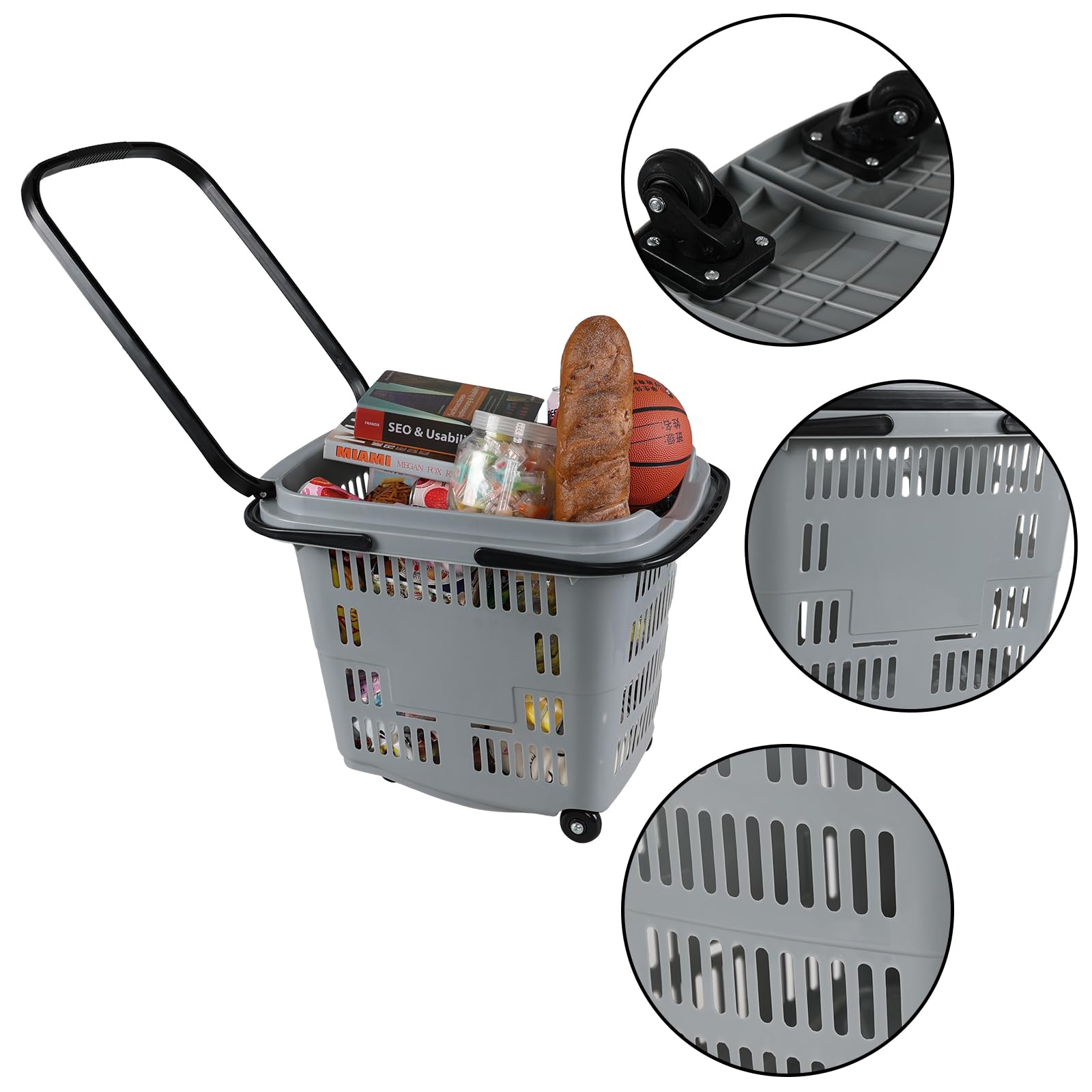 Kiddream 4 Pack Large Rolling Shopping Basket with Wheels - Portable Plastic Grocery Cart for Supermarkets, Malls & Home Storage - Grey