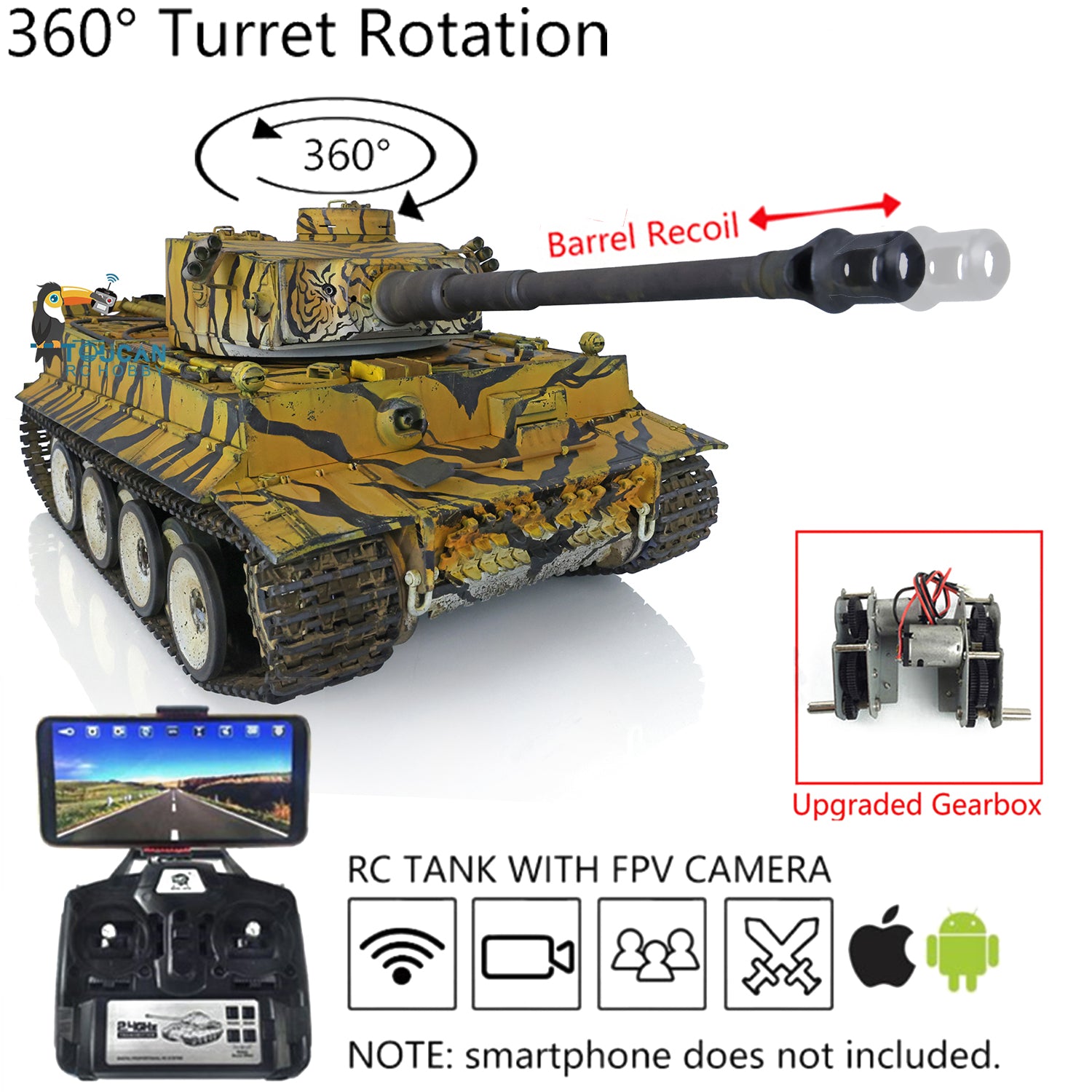 Henglong 1/16 Scale 7.0 Tiger I RC Tank Model 3818 - Custom Color, Metal Barrel, Recoil & Smoke Effects, 360° FPV, Radio Controlled for Adults & Collectors | Perfect for Military Enthusiasts, Battle Reenactments, and RC Hobbyists