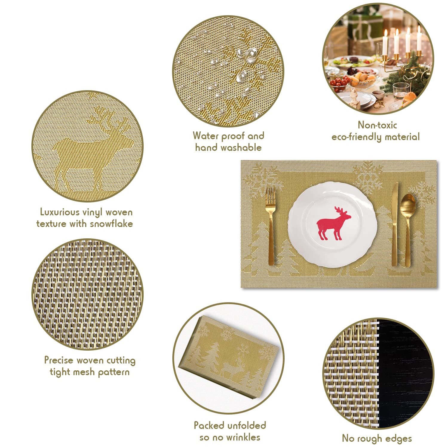 6-Piece Christmas Reindeer & Gold Woven Vinyl Non-Slip Placemats Set - Washable, Anti-Skid Table Mats for Kitchen Dining, Holiday Decor & Festive Gatherings