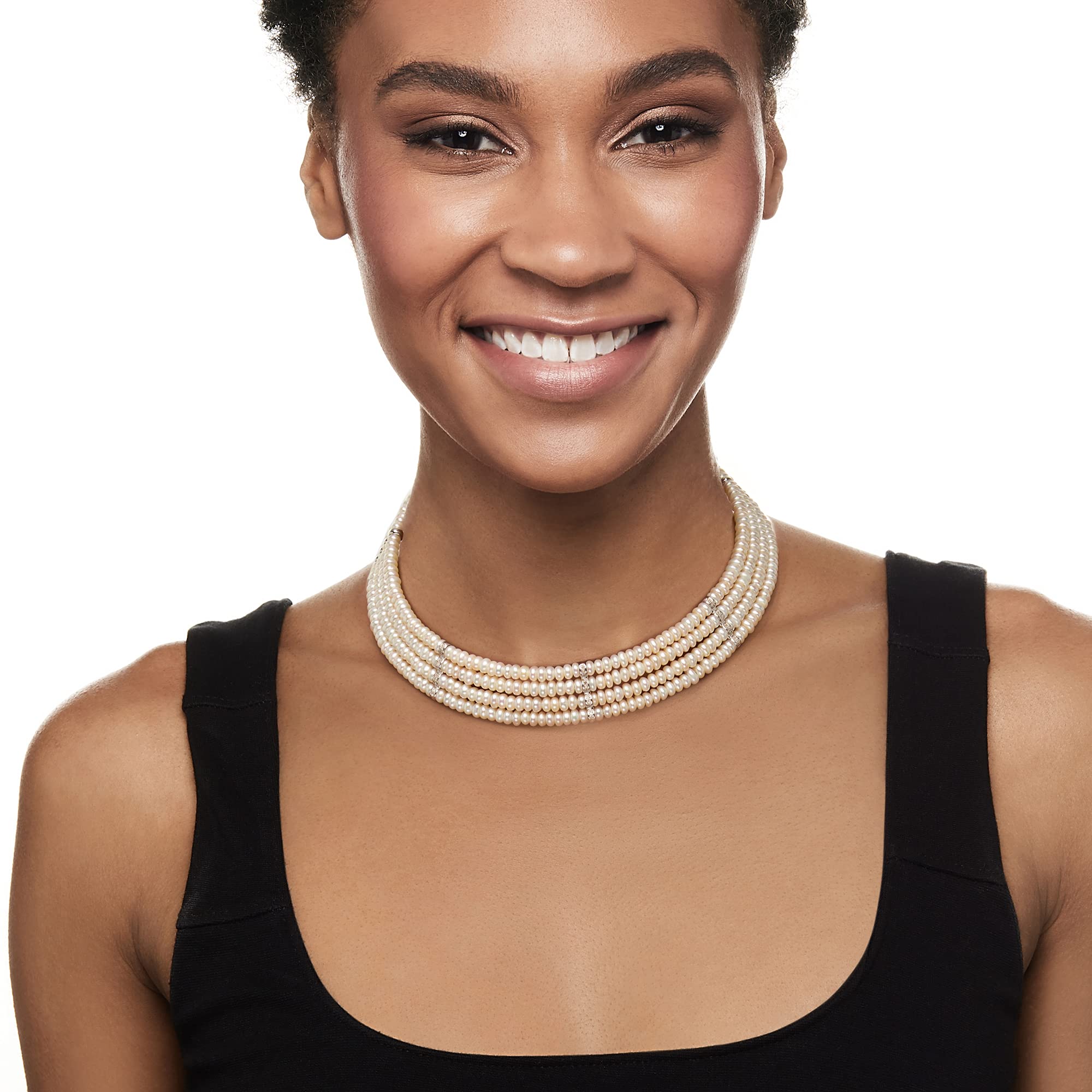 Ross-Simons 4.5-5mm Multi-Row Cultured Pearl & Diamond Choker Necklace in Sterling Silver - Elegant Jewelry for Weddings, Parties & Special Occasions