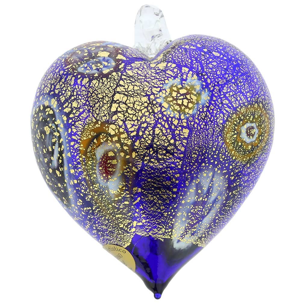 Venetian Murano Glass Heart Christmas Ornament - Handmade in Italy with Millefiori Blue & Gold Design | Perfect for Holiday Tree Decor, Gift Giving & Festive Home Decoration