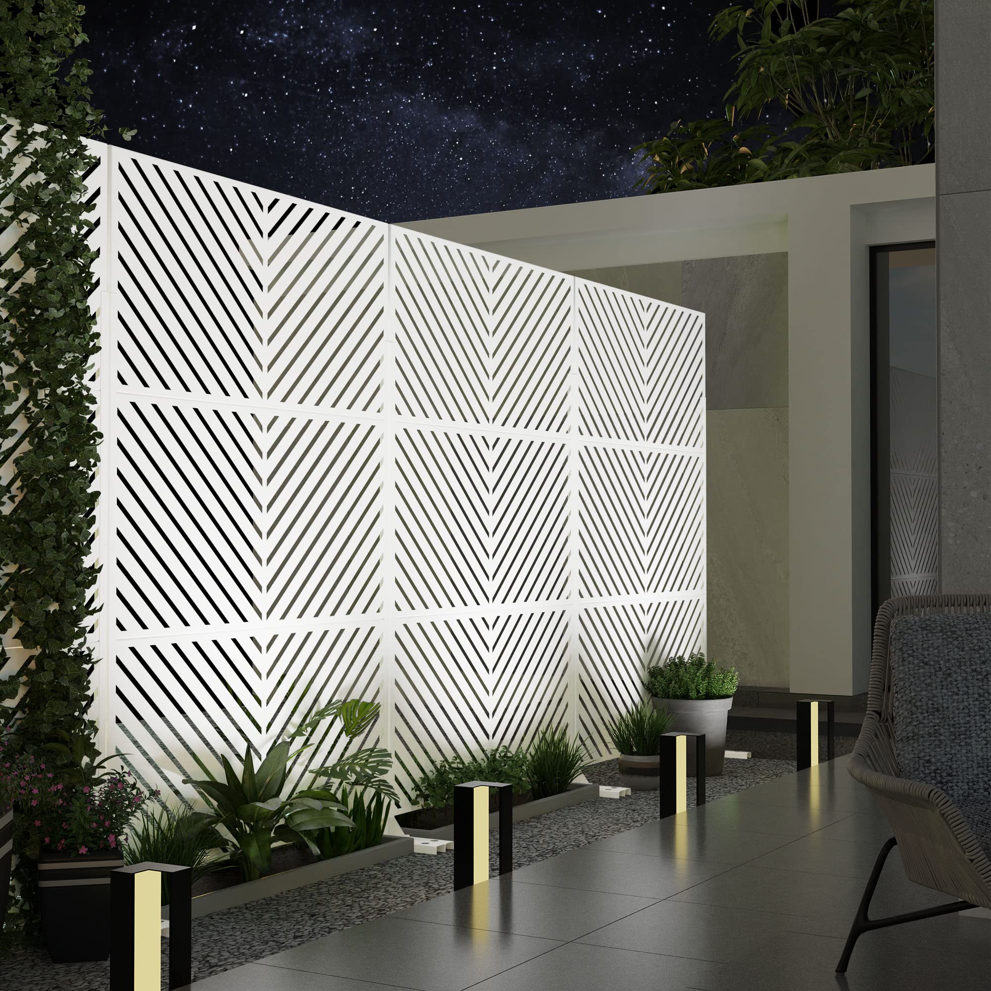 Elevens Free Standing Decorative Privacy Screen - Metal Outdoor Fence Panels for Garden, Patio & Backyard | White Arrow Design (A-GE04007) | Perfect for Creating Private Spaces & Enhancing Outdoor Decor