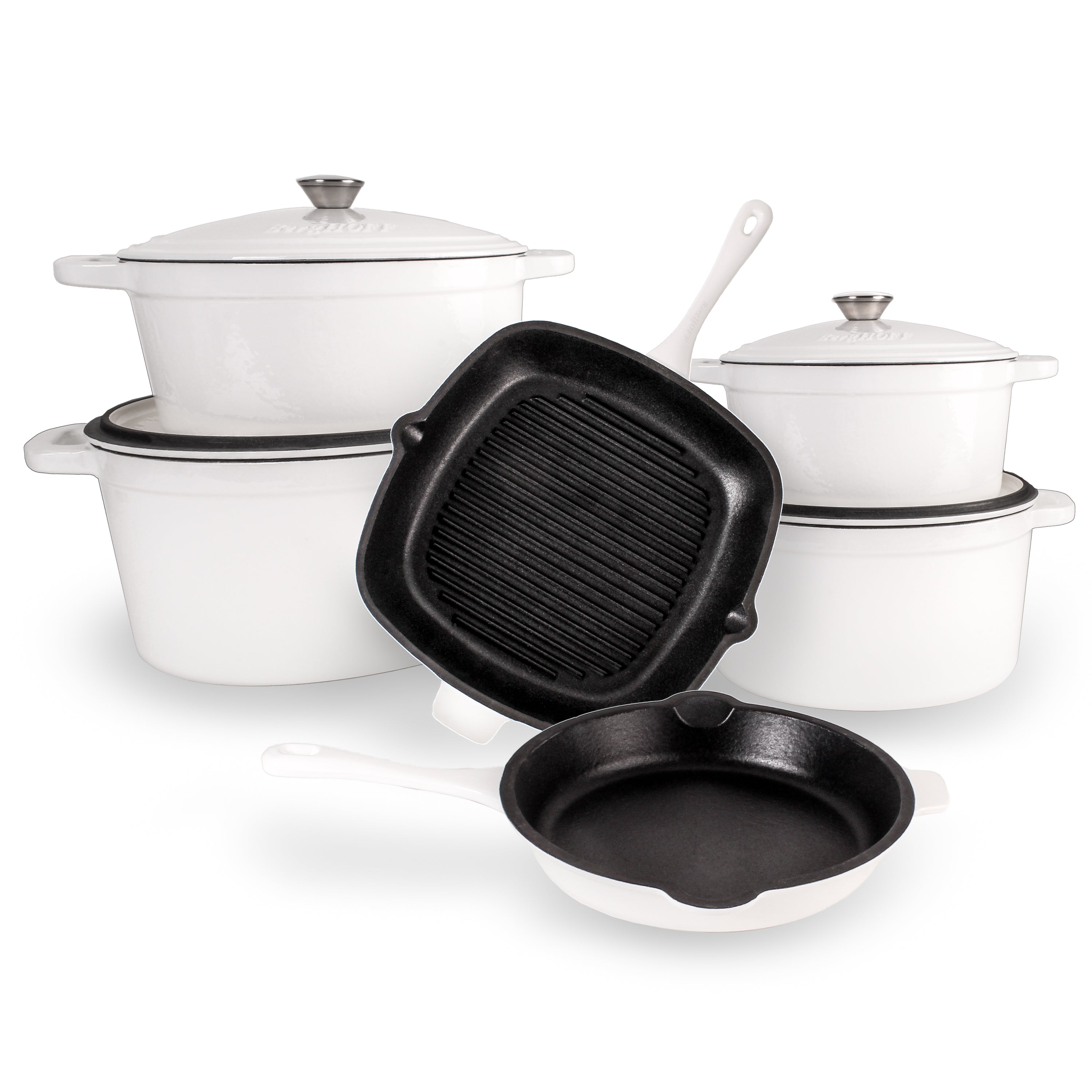 BergHOFF Neo 10-Piece Cast Iron Cookware Set in White | Durable Enameled Dutch Oven & Skillets | Perfect for Stovetop, Oven & Camping Cooking