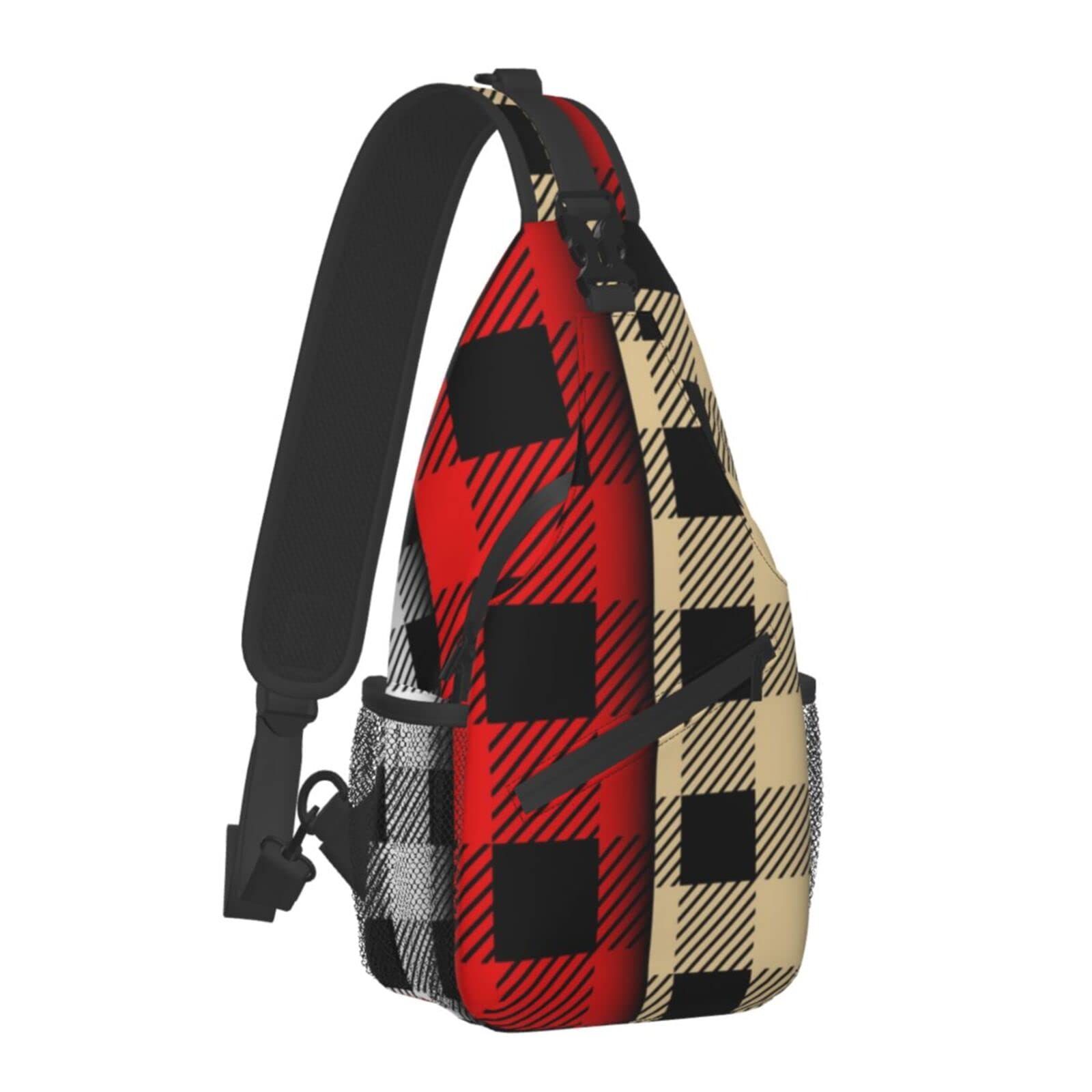 Anti-Theft Sling Chest Bag - Lightweight Crossbody Shoulder Backpack for Men & Women - Gym, Travel, Hiking & Sports - Red/White/Black/Beige Buffalo Plaid Pattern - Secure & Comfortable for Daily Use, Workouts & Outdoor Adventures